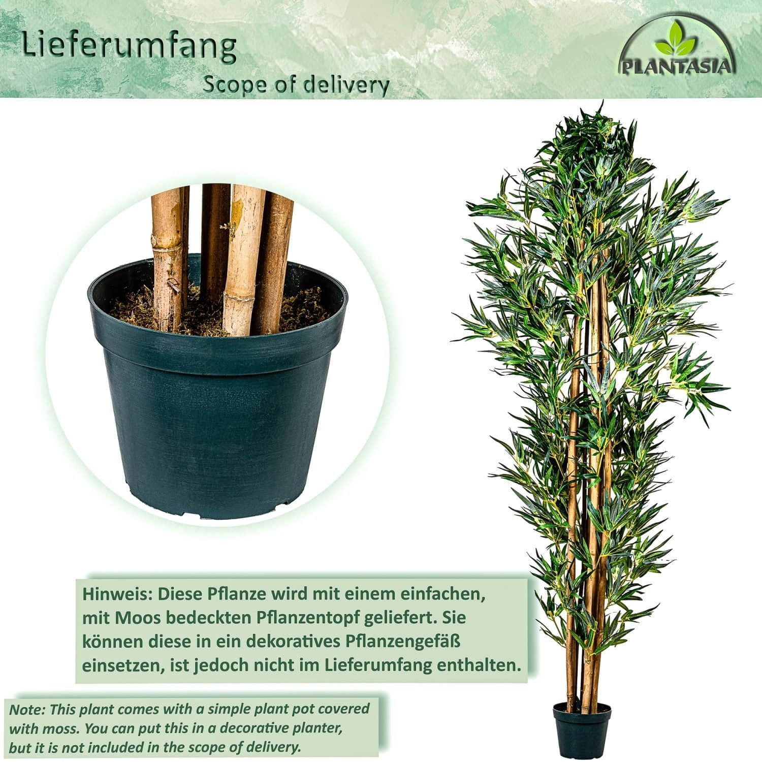 Dekoration PLANTASIA PLANTASIA Kunstbambus Strauch - Echtholzstamm Palmenholz & Textilfaser-Blätter | 160-220 cm Höhe | Deko Bambus für Wohnung & Garten | Inkl. Stabilem Zementtopf