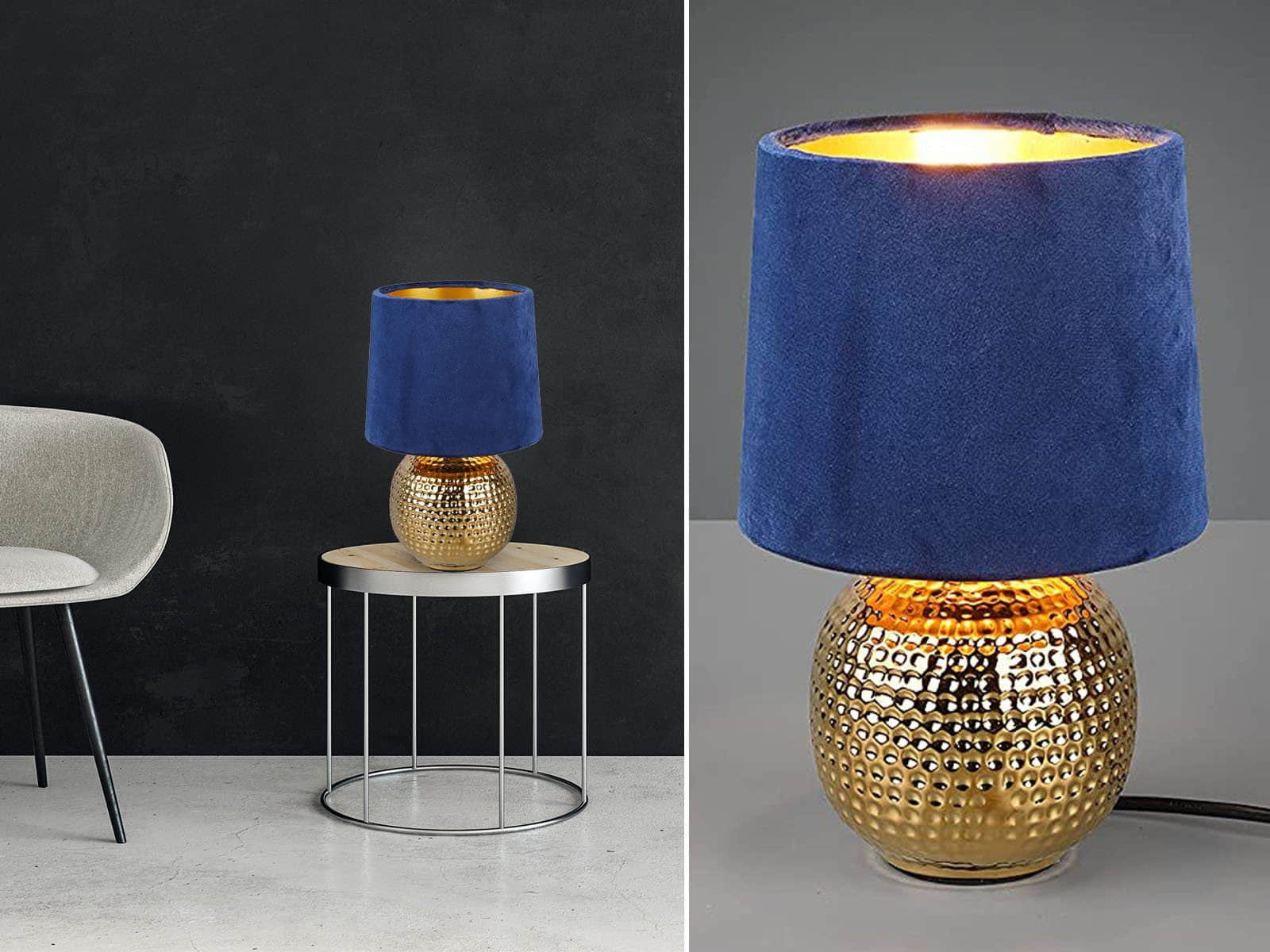 Reality Leuchten Lampen Reality Leuchten Billy LED Table Lamp - Dimmable Black Matte & Gold Night Light with Velvet Shade (26cm) - Warm White Lighting Blau-Gold