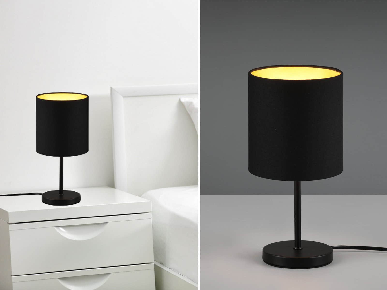Reality Leuchten Lampen Reality Leuchten LED Nachttischlampe dimmbar - Designklassiker mit Stoffschirm, wechselbarer LED (Warmweiß), perfekt für Schlafzimmer & Wohnbereich Schwarz Gold
