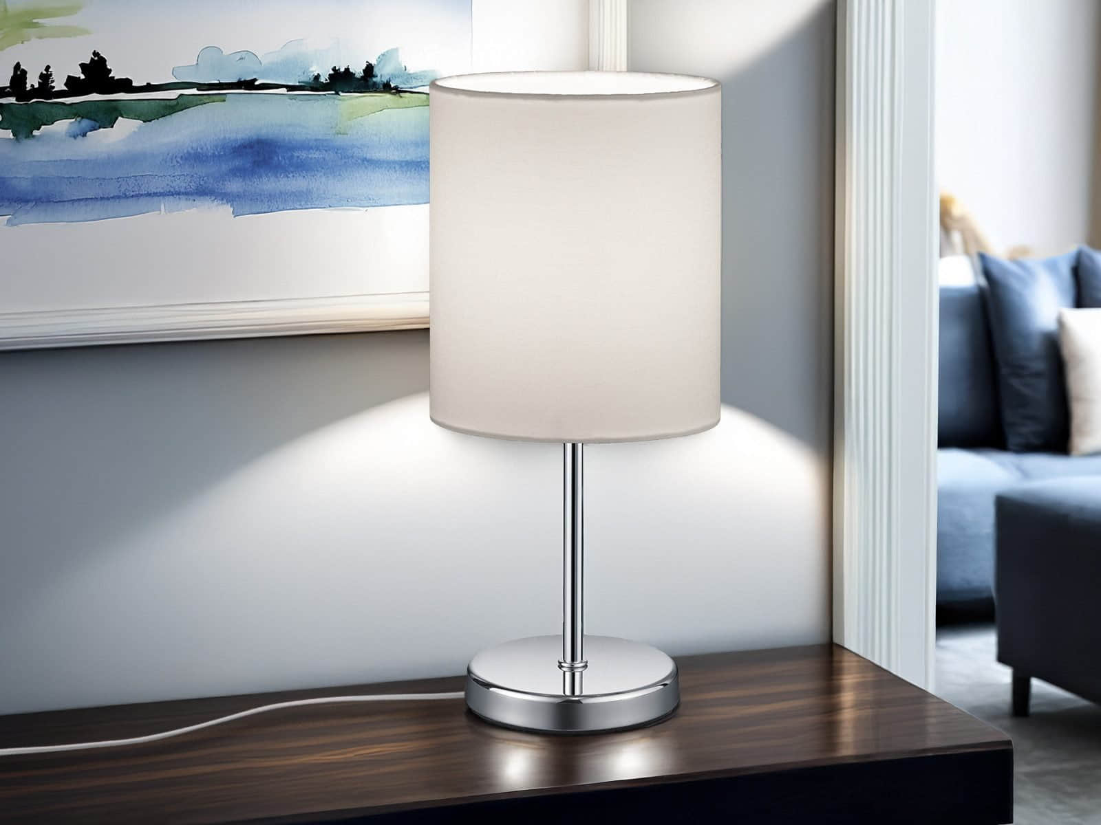 Reality Leuchten LED Nachttischlampe dimmbar - Designklassiker mit Stoffschirm, wechselbarer LED (Warmweiß), perfekt für Schlafzimmer & Wohnbereich Silber Chr Lampen Reality Leuchten