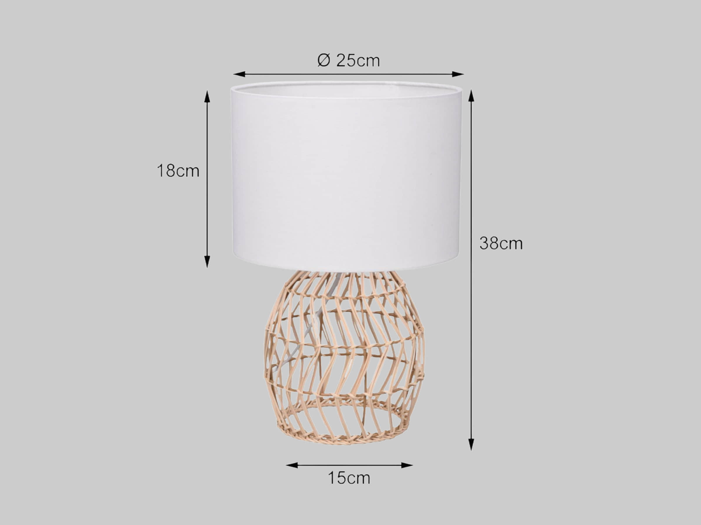 Lampen Reality Leuchten Reality Leuchten LED Nachttischlampe im Boho Style – Dimmbar mit Rattan-Korb & weißem Stoff-Lampenschirm (38cm, warmweiß, 3 Helligkeitsstufen)