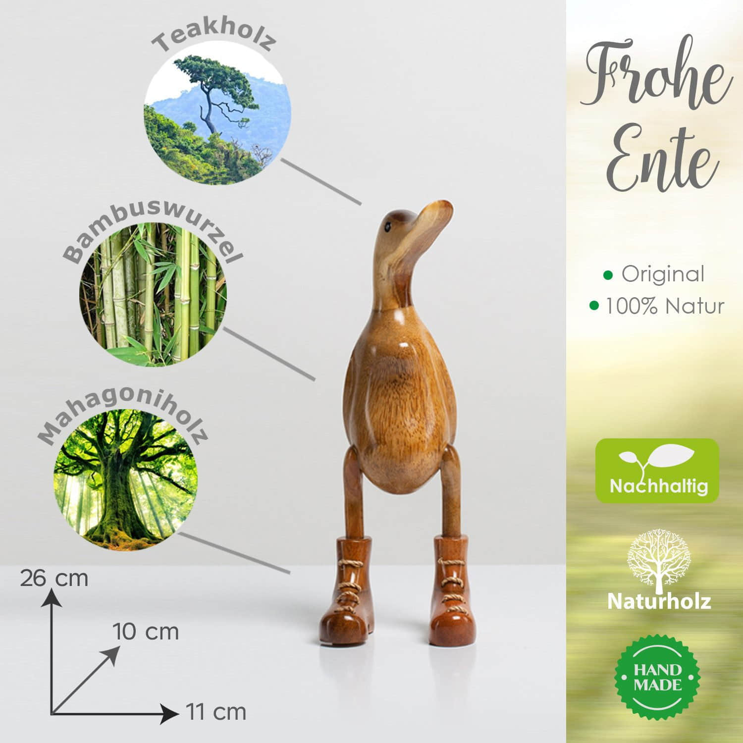 Rikmani Handgeschnitzte Holzente mit Stiefeln - Premium Dekofigur aus 3 Holzarten (Teak, Bambus, Mahagoni) - Exklusives Unikat für Wohnzimmer & Geschenk natur Dekoration Rikmani