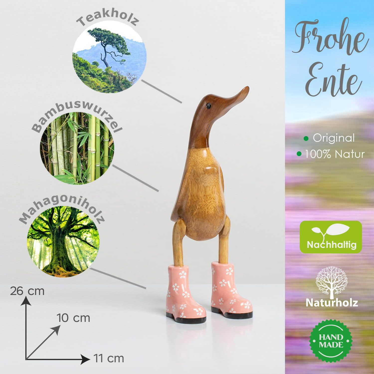 Rikmani Dekoration Rikmani Handgeschnitzte Holzente mit Stiefeln - Premium Dekofigur aus 3 Holzarten (Teak, Bambus, Mahagoni) - Exklusives Unikat für Wohnzimmer & Geschenk rosa_geblü