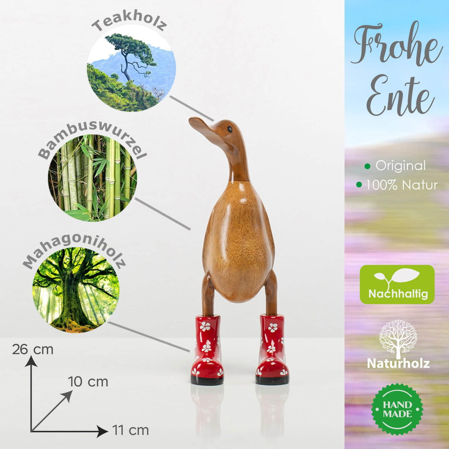 Rikmani Rikmani Handgeschnitzte Holzente mit Stiefeln - Premium Dekofigur aus 3 Holzarten (Teak, Bambus, Mahagoni) - Exklusives Unikat für Wohnzimmer & Geschenk rot_geblümt Dekoration