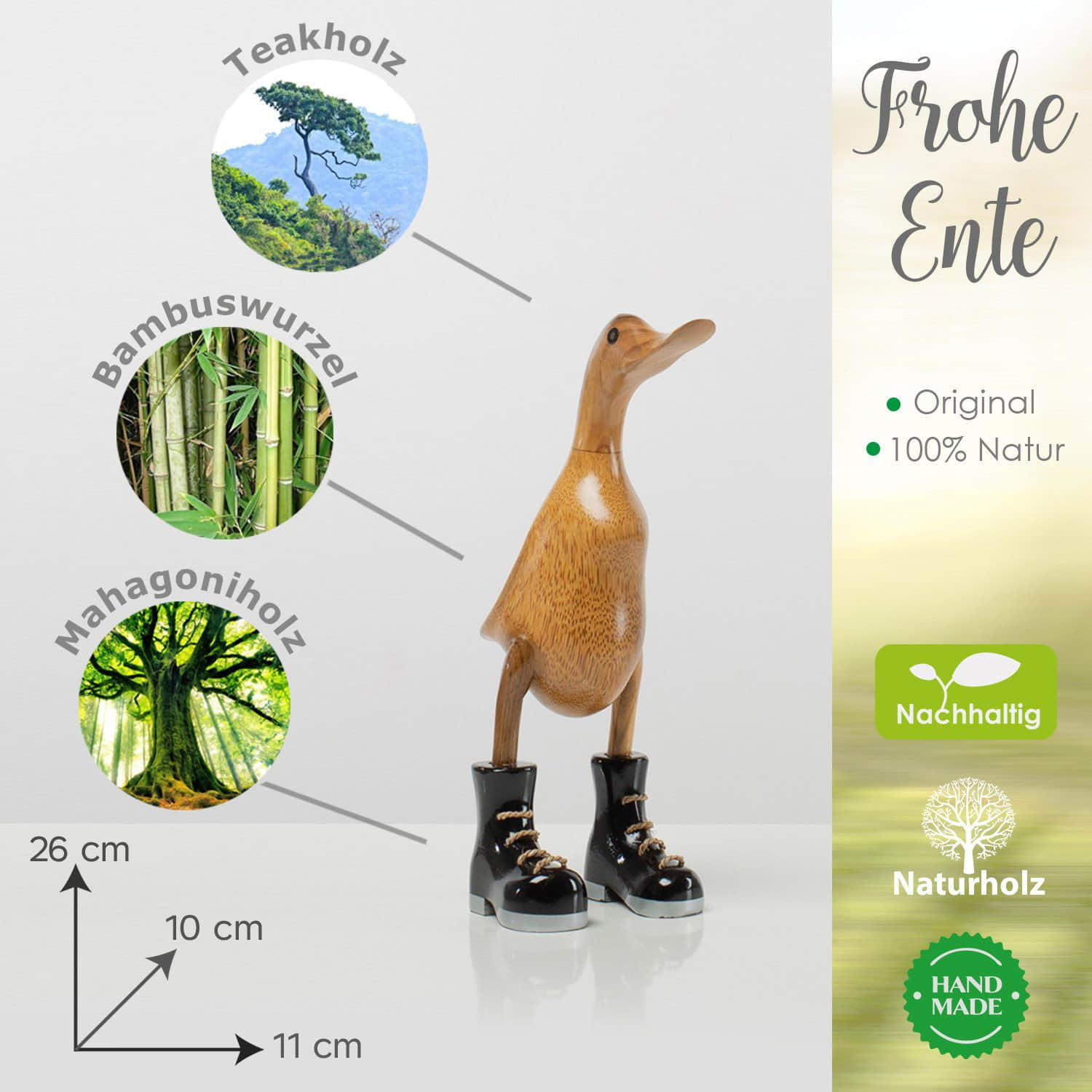 Rikmani Handgeschnitzte Holzente mit Stiefeln - Premium Dekofigur aus 3 Holzarten (Teak, Bambus, Mahagoni) - Exklusives Unikat für Wohnzimmer & Geschenk schwarz Rikmani Dekoration