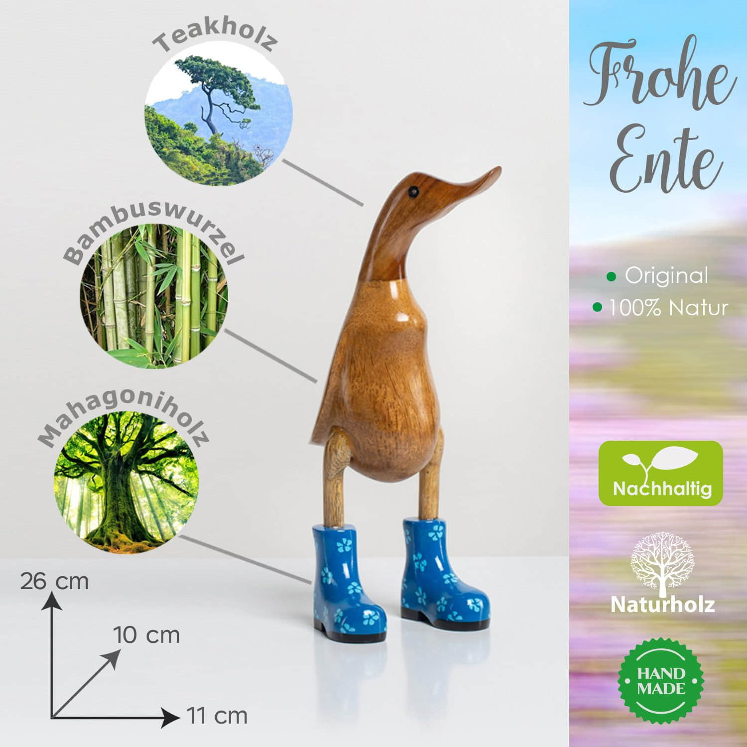 Rikmani Rikmani Handgeschnitzte Holzente mit Stiefeln - Premium Dekofigur aus 3 Holzarten (Teak, Bambus, Mahagoni) - Exklusives Unikat für Wohnzimmer & Geschenk blau_geblü Dekoration