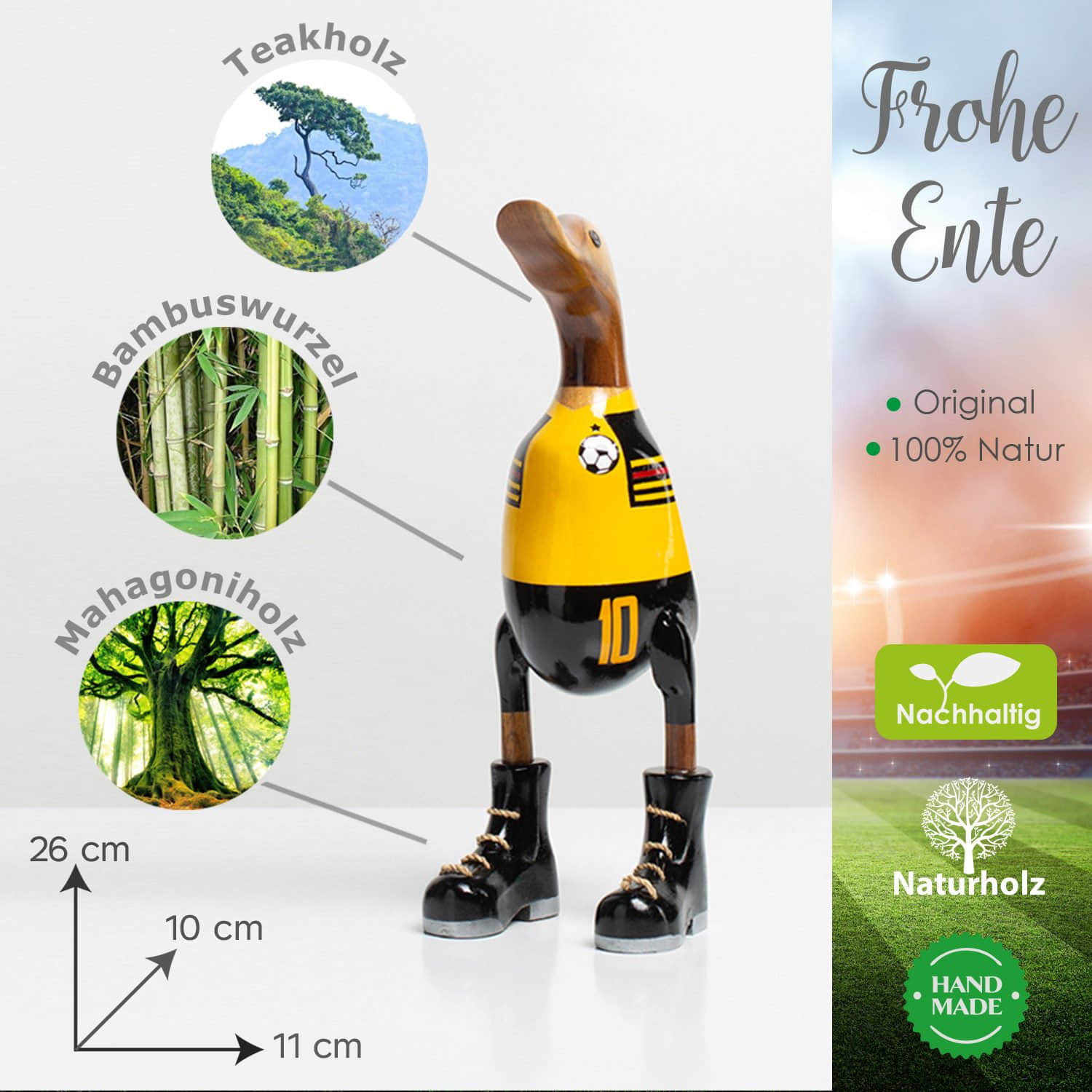 Rikmani Handgeschnitzte Holzente mit Stiefeln - Premium Dekofigur aus 3 Holzarten (Teak, Bambus, Mahagoni) - Exklusives Unikat für Wohnzimmer & Geschenk fußball_ge Rikmani Dekoration