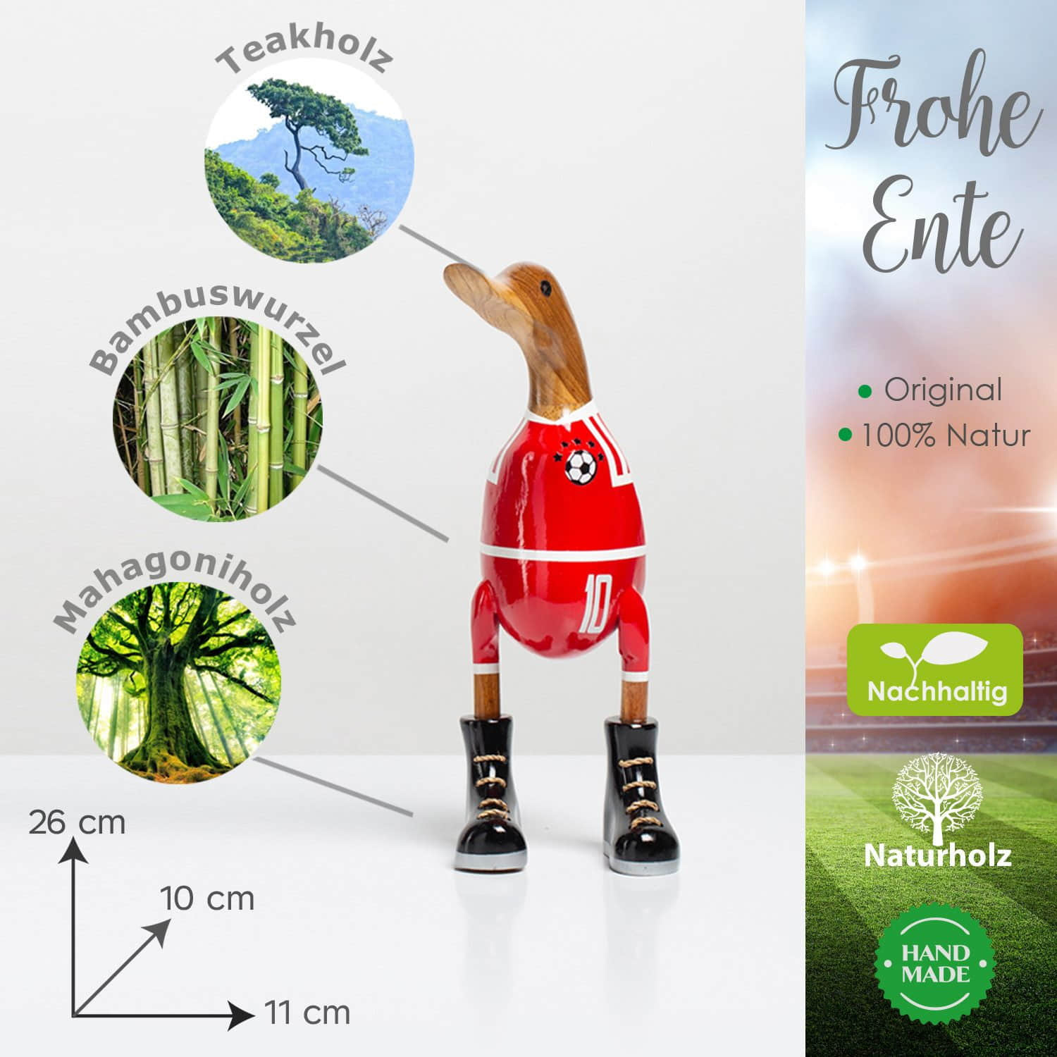 Rikmani Dekoration Rikmani Handgeschnitzte Holzente mit Stiefeln - Premium Dekofigur aus 3 Holzarten (Teak, Bambus, Mahagoni) - Exklusives Unikat für Wohnzimmer & Geschenk fußball_rot
