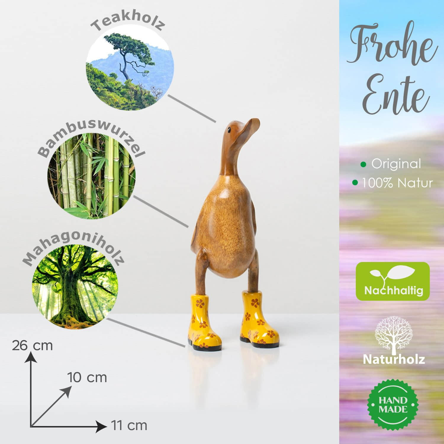 Rikmani Dekoration Rikmani Handgeschnitzte Holzente mit Stiefeln - Premium Dekofigur aus 3 Holzarten (Teak, Bambus, Mahagoni) - Exklusives Unikat für Wohnzimmer & Geschenk gelb_geblü