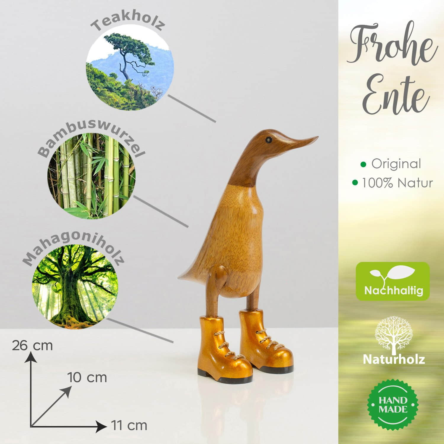 Rikmani Handgeschnitzte Holzente mit Stiefeln - Premium Dekofigur aus 3 Holzarten (Teak, Bambus, Mahagoni) - Exklusives Unikat für Wohnzimmer & Geschenk gold Dekoration Rikmani
