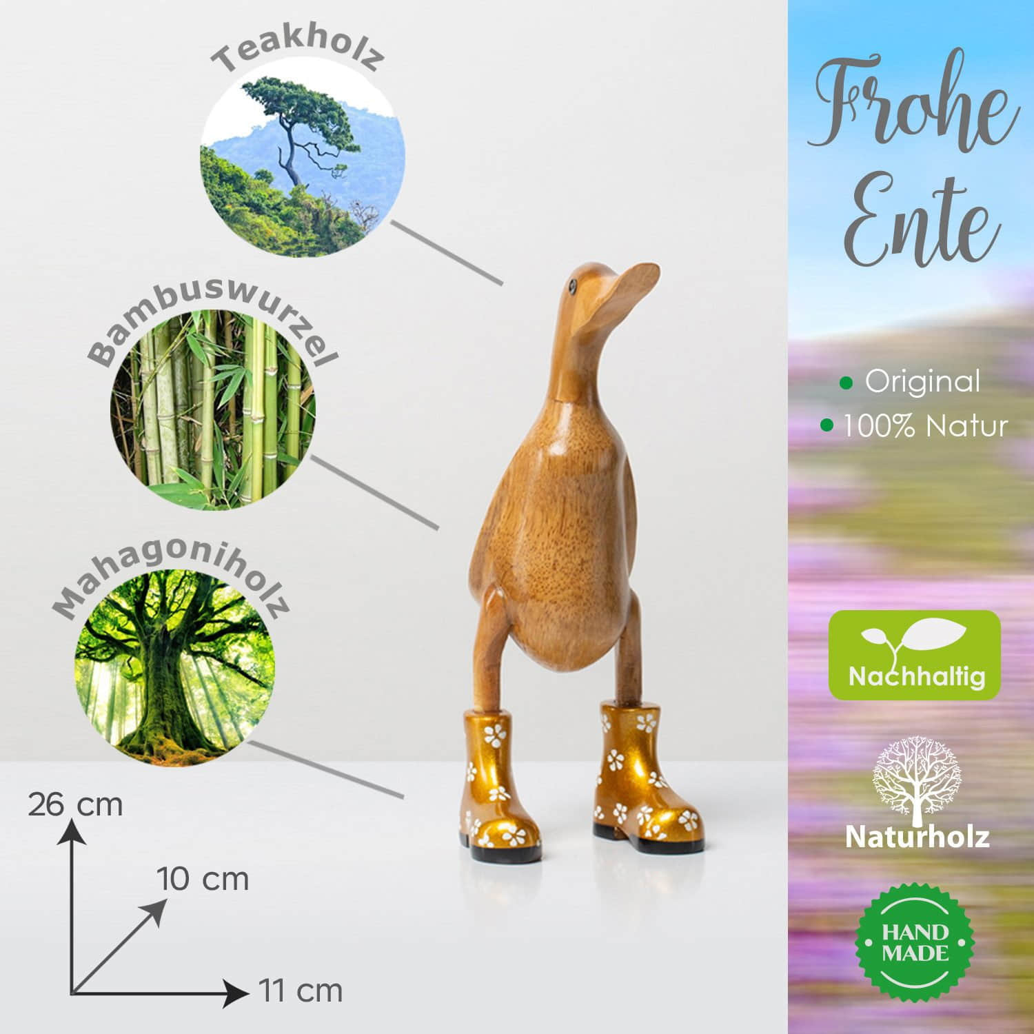 Rikmani Handgeschnitzte Holzente mit Stiefeln - Premium Dekofigur aus 3 Holzarten (Teak, Bambus, Mahagoni) - Exklusives Unikat für Wohnzimmer & Geschenk gold_geblü Rikmani Dekoration