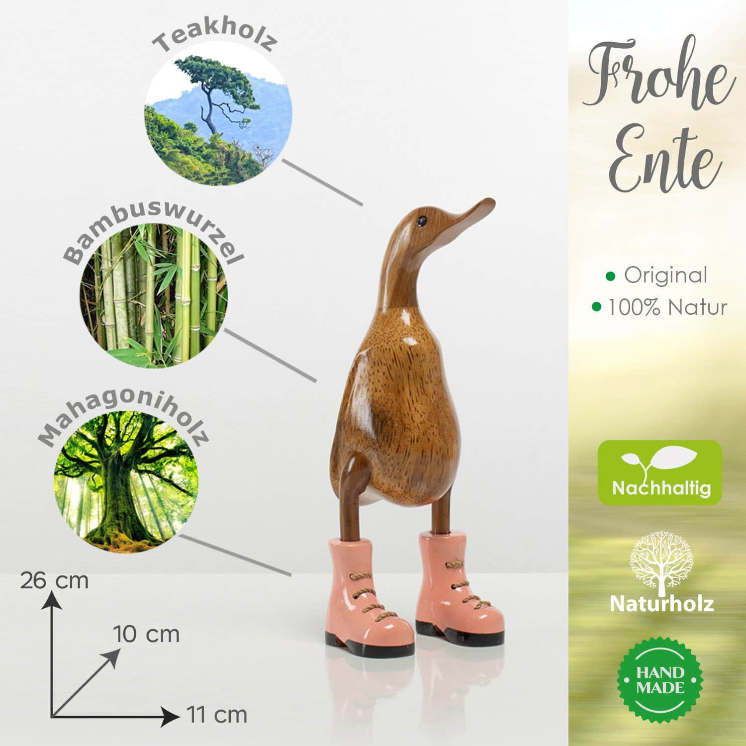 Rikmani Handgeschnitzte Holzente mit Stiefeln - Premium Dekofigur aus 3 Holzarten (Teak, Bambus, Mahagoni) - Exklusives Unikat für Wohnzimmer & Geschenk rosa Rikmani Dekoration