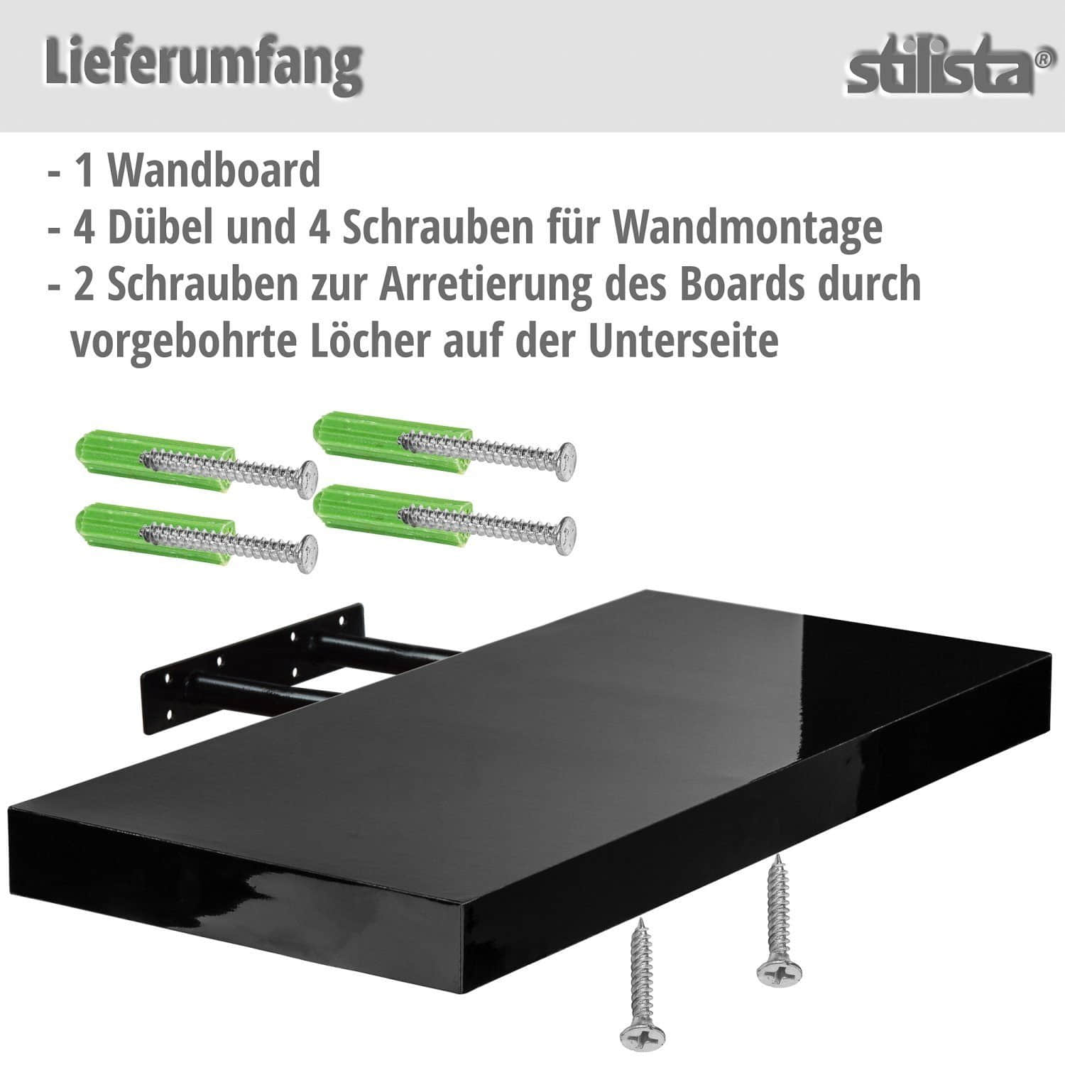 Regale STILISTA STILISTA Volato Wandboard Schweberegal | 14 Farbvarianten (inkl. Hochglanz & Holzoptik) | 9 Größen 30-110 cm | 10kg Traglast | 3,8 cm flach | Modernes Wandregal für Küche, Wohnzimmer & Büro Silber