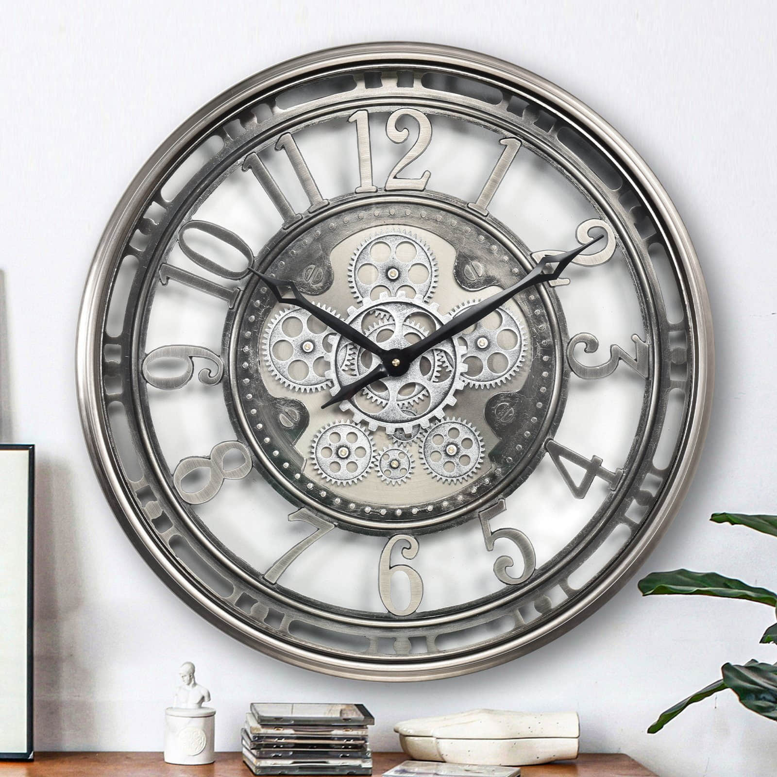 Samilito Samilito Wanduhr 53,3 cm mit echtem mechanischem Bewegungsgetriebe – Rustikale Metall-Wanduhr mit Zahnrädern & großen Ziffern in Silber Dekoration