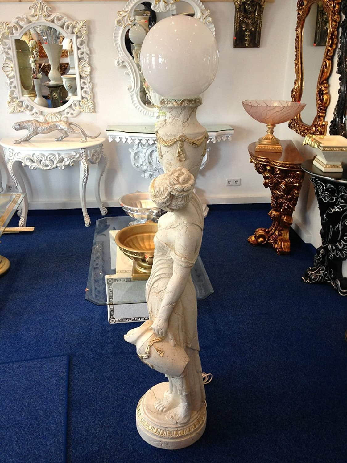 Schatzkiste1 Dekoration Schatzkiste1 Griechische Antik-Stehlampe | 170 cm Handbemalte Frauenfigur Barockstil | Kunstharz-Dekofigur mit E27-Fassung Creme+Gold
