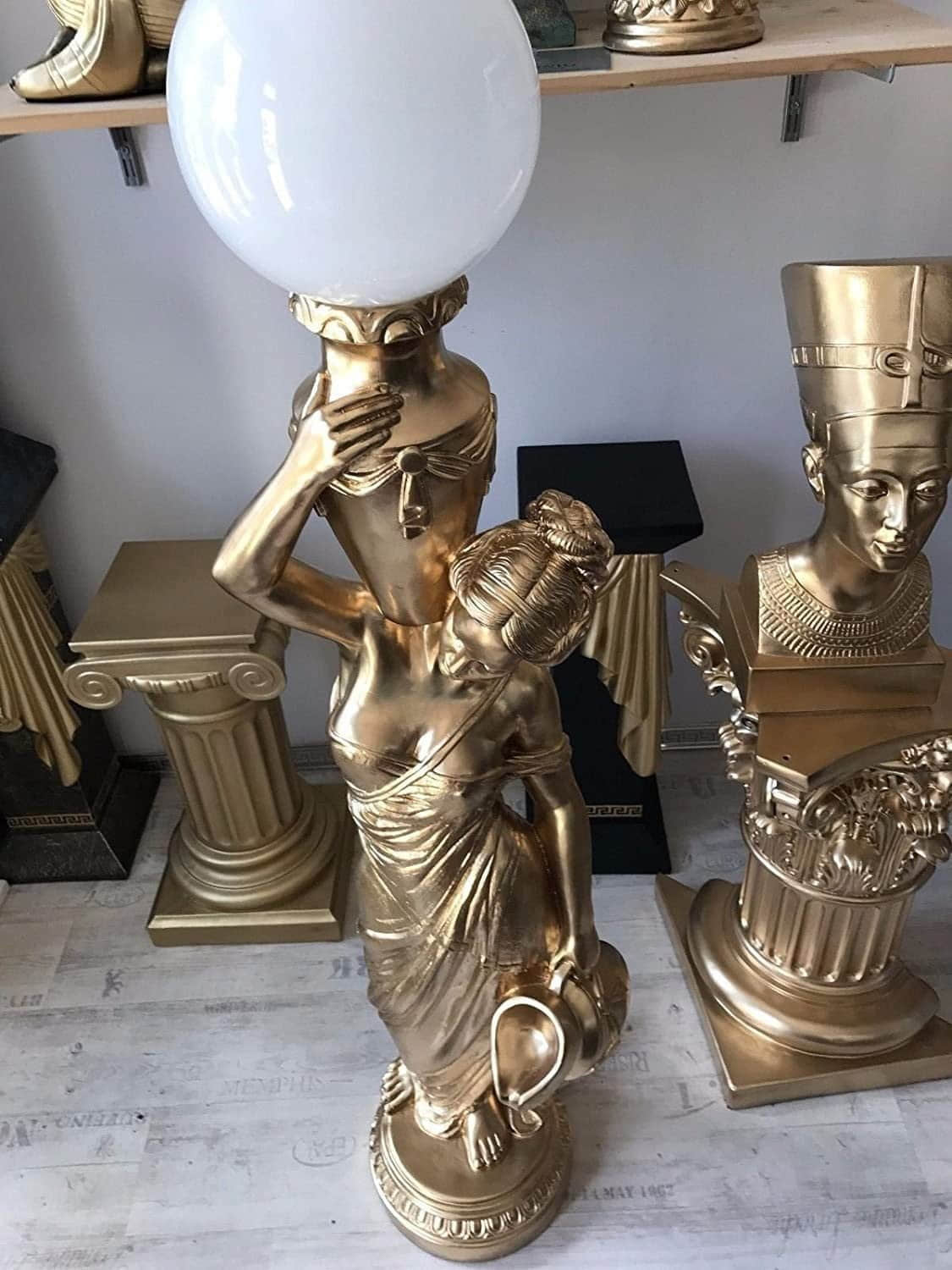 Dekoration Schatzkiste1 Schatzkiste1 Griechische Antik-Stehlampe | 170 cm Handbemalte Frauenfigur Barockstil | Kunstharz-Dekofigur mit E27-Fassung Gold