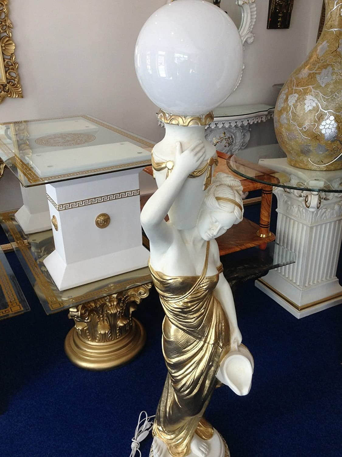 Dekoration Schatzkiste1 Schatzkiste1 Griechische Antik-Stehlampe | 170 cm Handbemalte Frauenfigur Barockstil | Kunstharz-Dekofigur mit E27-Fassung Weiß-Gold