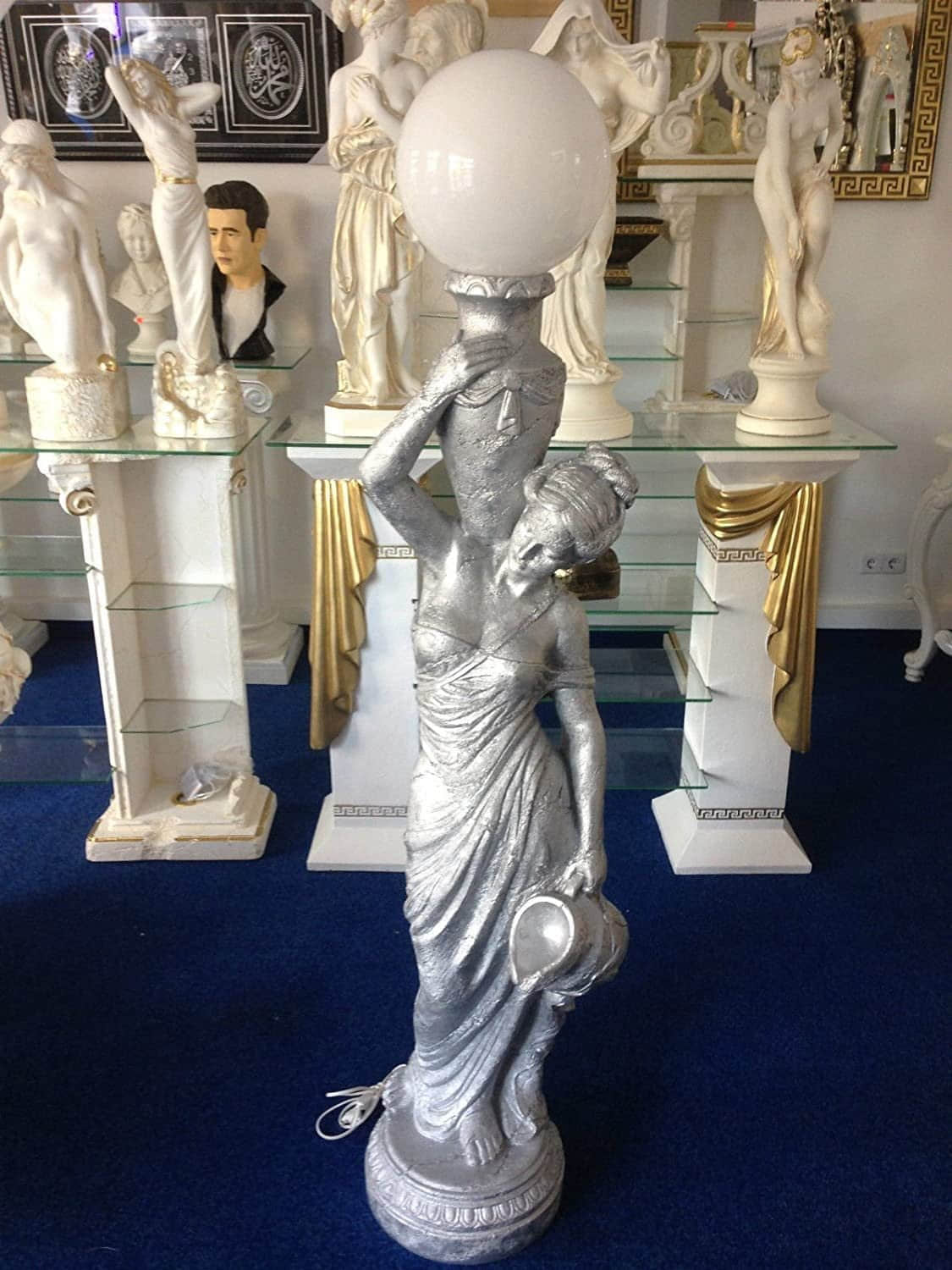 Schatzkiste1 Schatzkiste1 Griechische Antik-Stehlampe | 170 cm Handbemalte Frauenfigur Barockstil | Kunstharz-Dekofigur mit E27-Fassung Silber Dekoration