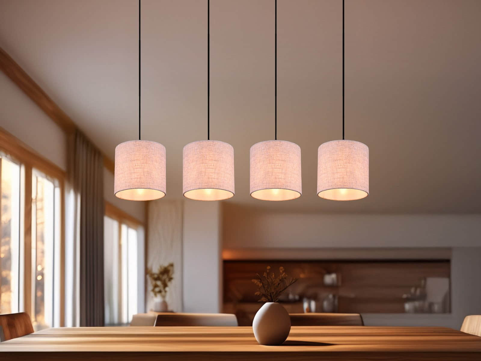 TRIO Leuchten Lampen TRIO Leuchten LED Pendelleuchte – 4-flammig, dimmbar, warmweiß, Stoffschirm & Holzbalken (100cm) | Skandinavisches Design für Esstisch
