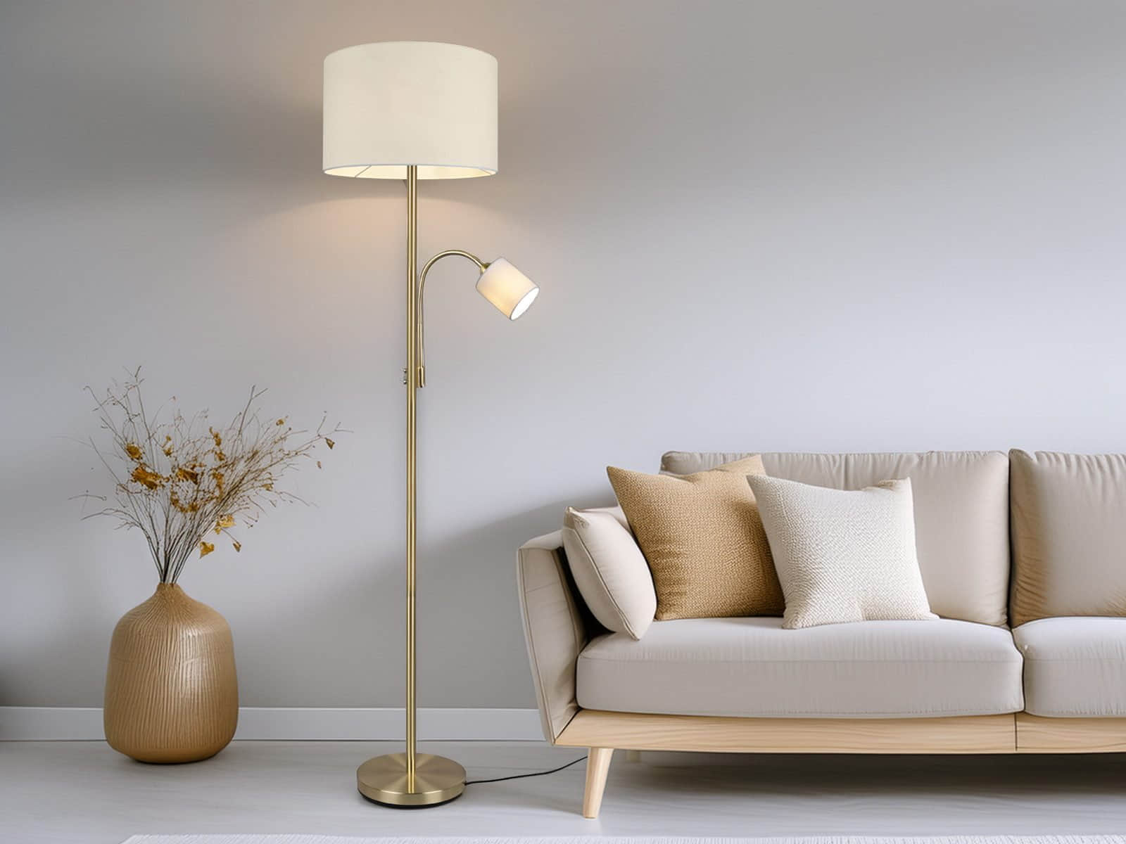 TRIO Leuchten TRIO Leuchten LED Stehlampe dimmbar 170cm - Skandinavisches Design mit Holzfuß & Stoffschirm, Warmweiß 2700K-3000K, Leselicht-Funktion, 15W LED (100W Equivalent) Gold Weiß Lampen