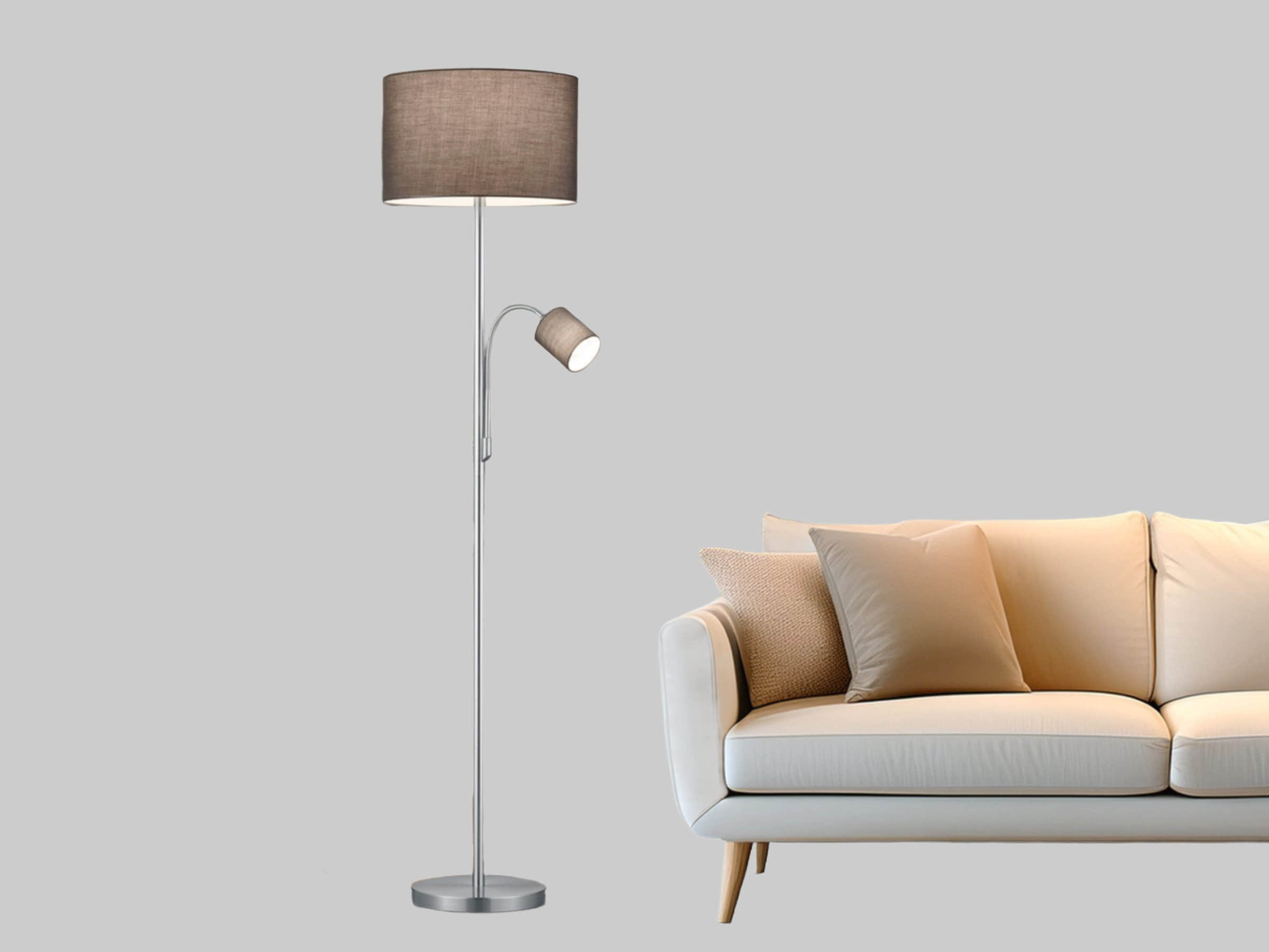 TRIO Leuchten TRIO Leuchten LED Stehlampe dimmbar 170cm - Skandinavisches Design mit Holzfuß & Stoffschirm, Warmweiß 2700K-3000K, Leselicht-Funktion, 15W LED (100W Equivalent) Silber Grau Lampen