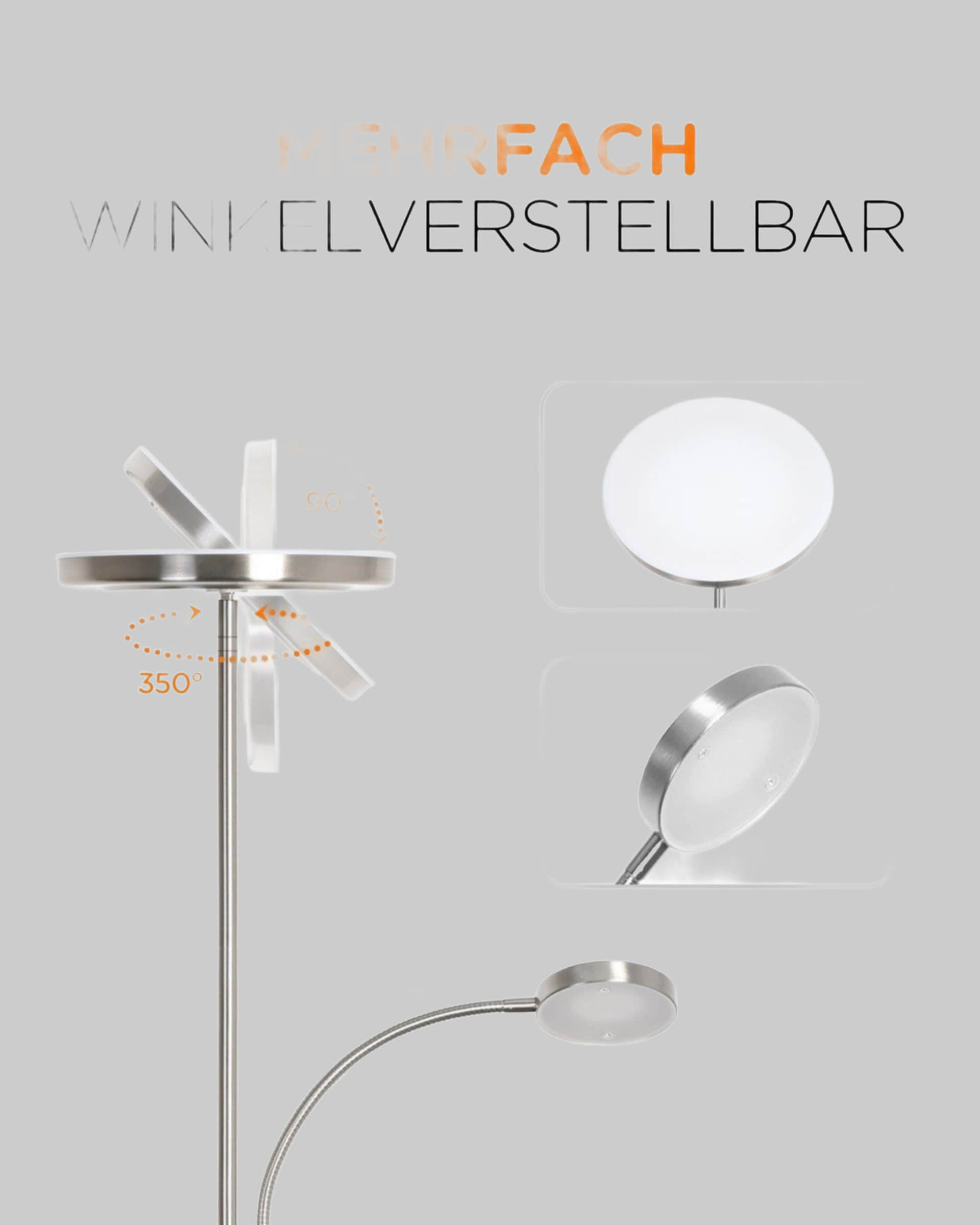 Tomons Lampen Tomons Modern LED Floor Lamp with Reading Light - Dimmable Stehleuchte, 3 Color Temperatures (3000K/4000K/6000K), Remote Control, Adjustable Arm - Silver Finish for Living Room & Bedroom Silber
