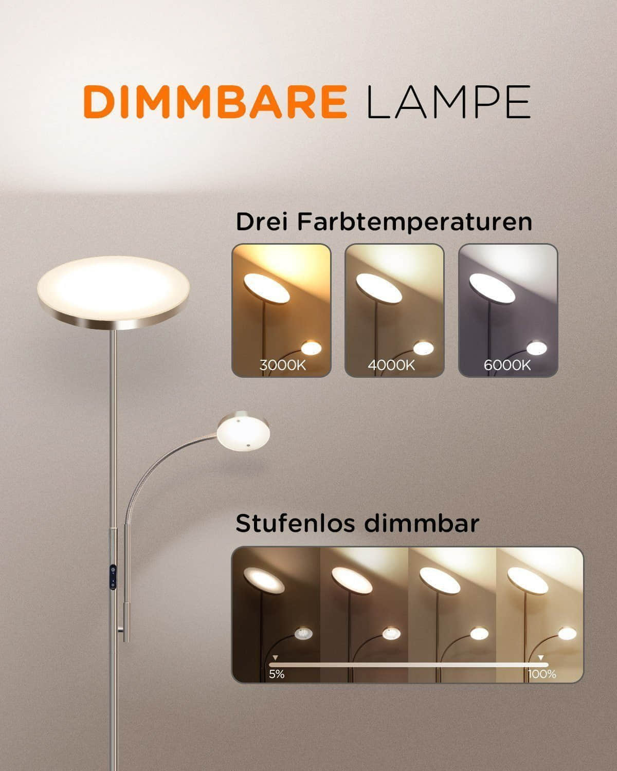Tomons Lampen Tomons Modern LED Floor Lamp with Reading Light - Dimmable Stehleuchte, 3 Color Temperatures (3000K/4000K/6000K), Remote Control, Adjustable Arm - Silver Finish for Living Room & Bedroom Silber