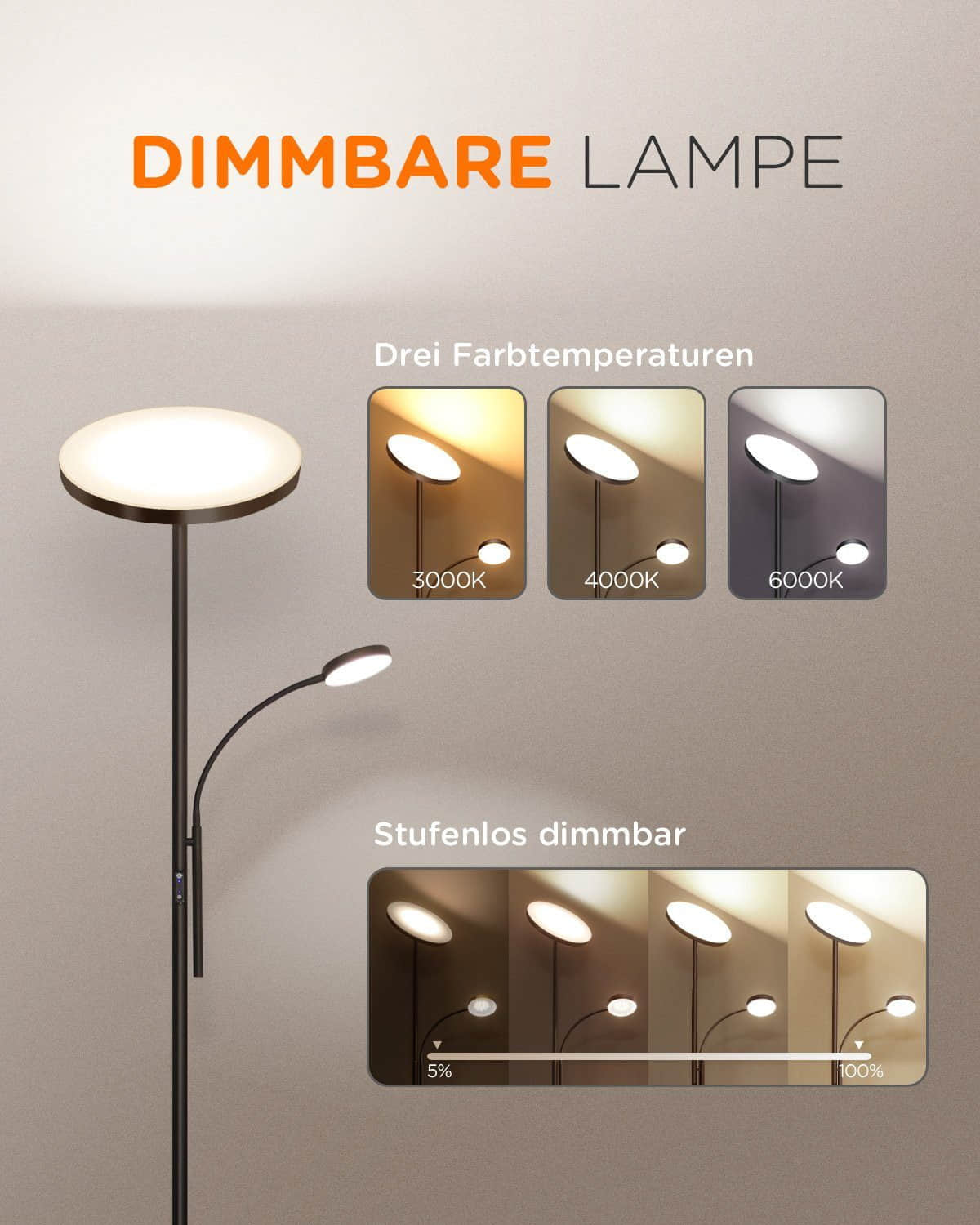 Tomons Modern LED Floor Lamp with Reading Light - Dimmable Stehleuchte, 3 Color Temperatures (3000K/4000K/6000K), Remote Control, Adjustable Arm - Silver Finish for Living Room & Bedroom Schwarz Tomons Lampen