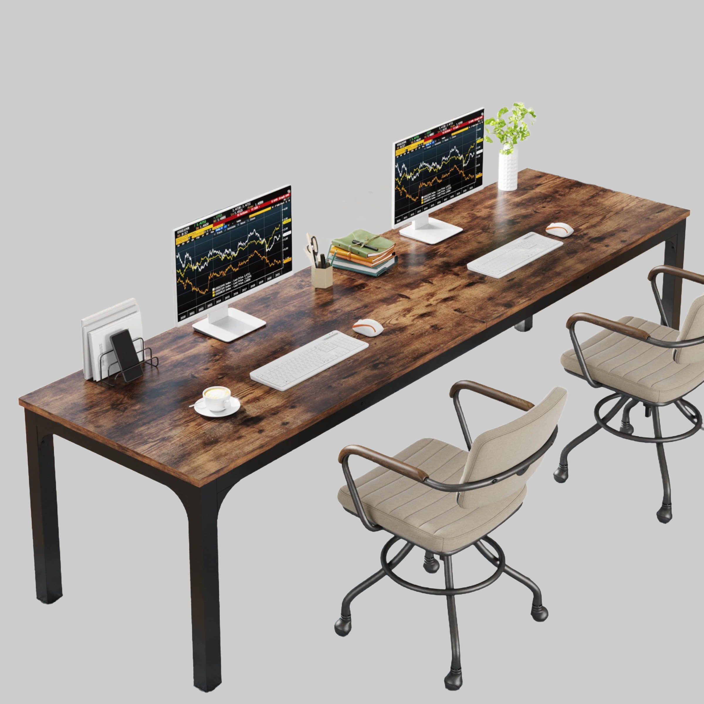 Tribesigns Tische Tribesigns Computertisch 200x70x75cm – Doppelter PC-Bürotisch in Braun/Weiß mit E1-Partikelholz & verstärkter Metallkonstruktion Braun