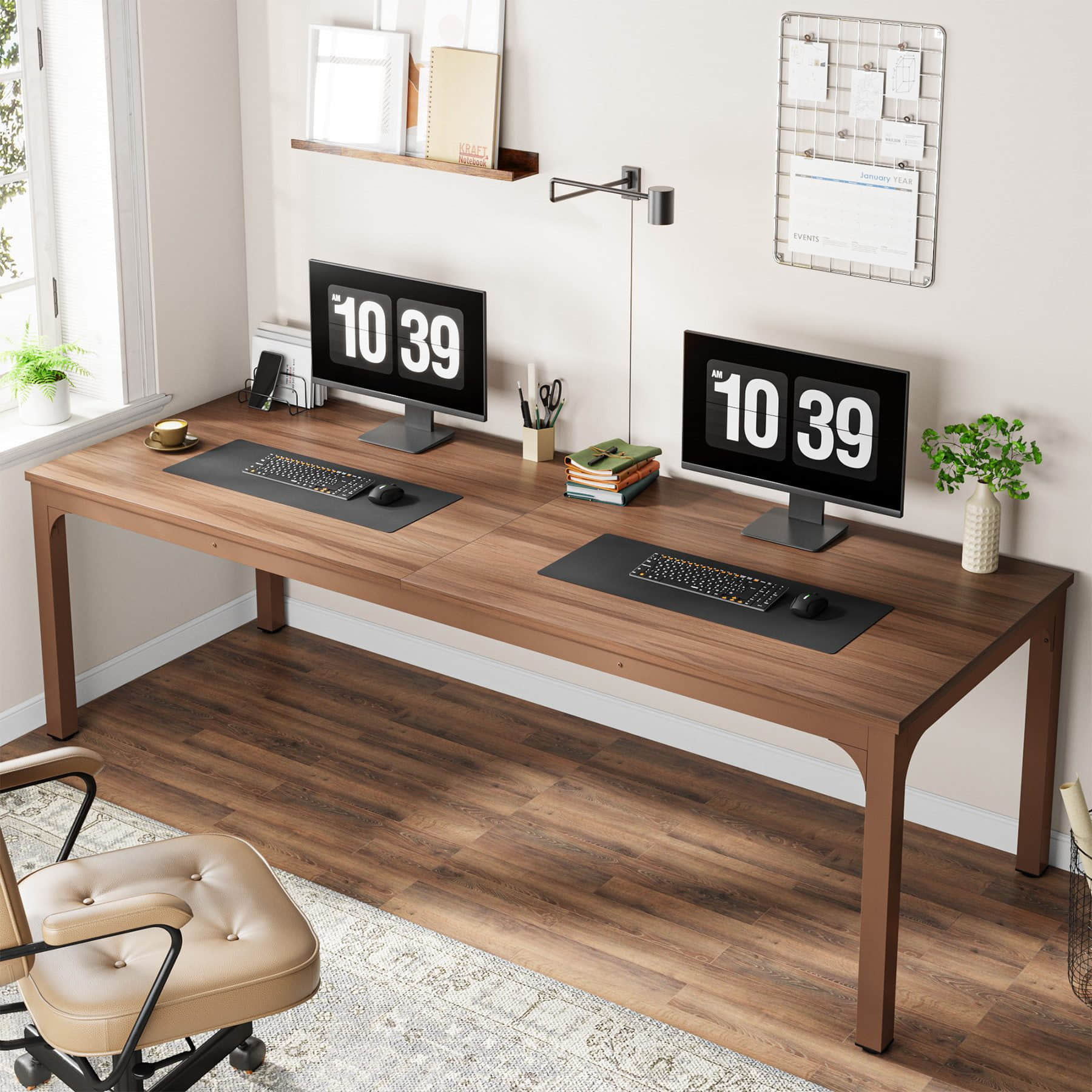 Tribesigns Computertisch 200x70x75cm – Doppelter PC-Bürotisch in Braun/Weiß mit E1-Partikelholz & verstärkter Metallkonstruktion Reines Braun Tische Tribesigns