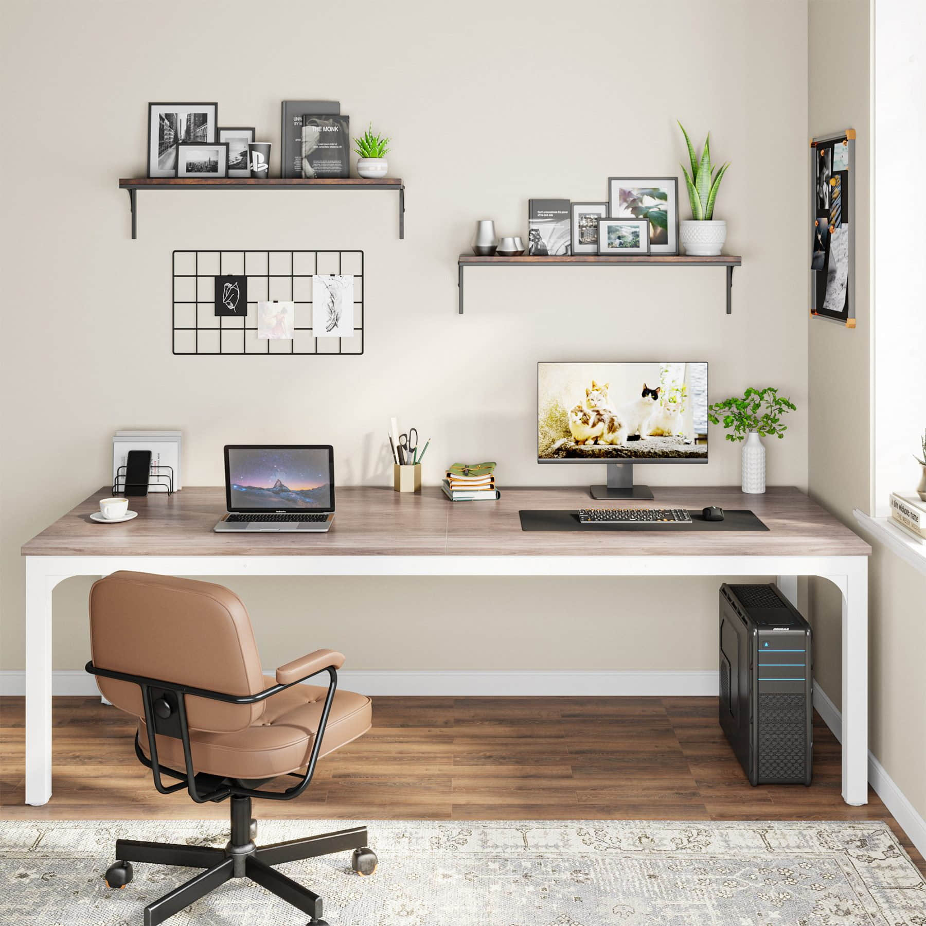 Tische Tribesigns Tribesigns Computertisch 200x70x75cm – Doppelter PC-Bürotisch in Braun/Weiß mit E1-Partikelholz & verstärkter Metallkonstruktion gray