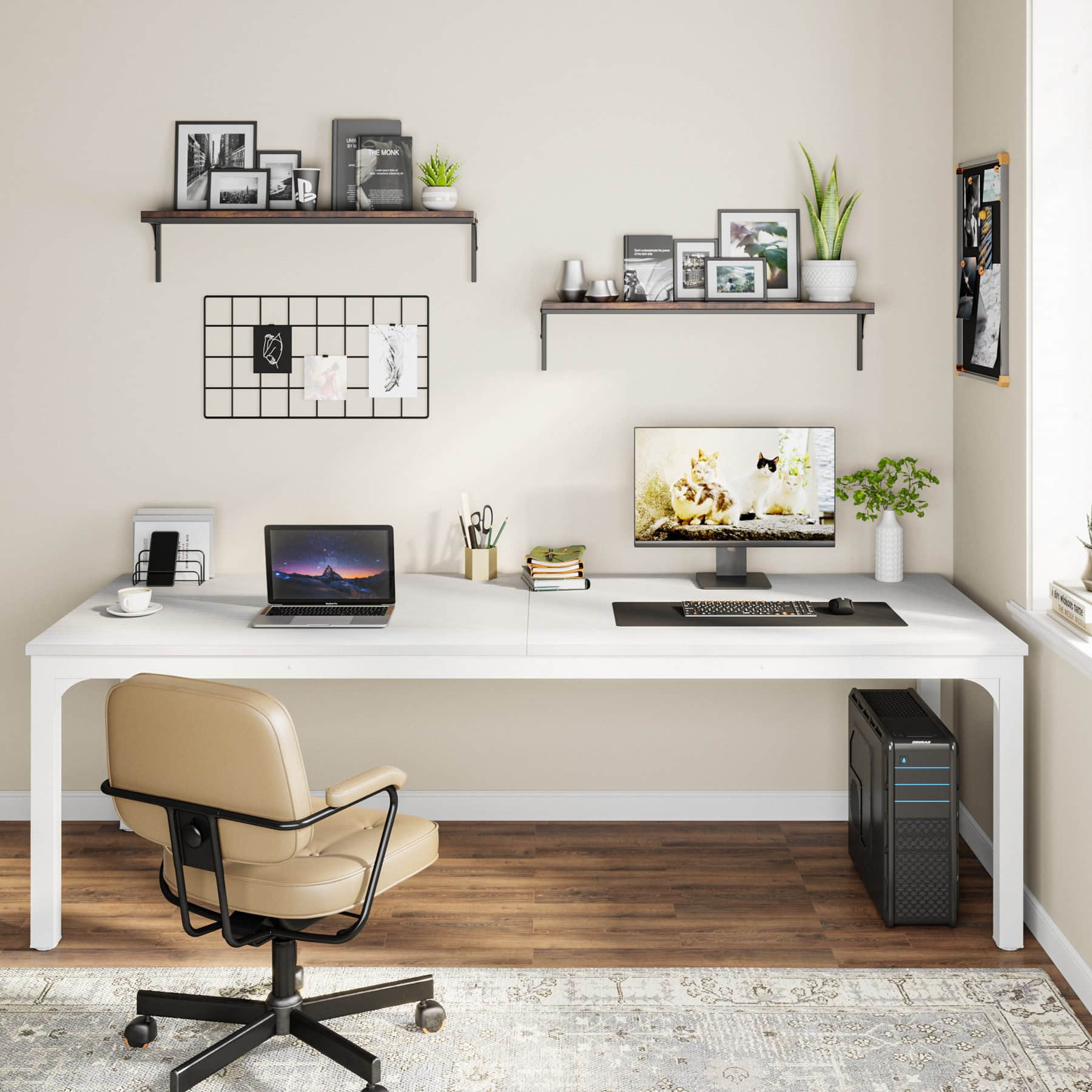 Tribesigns Tische Tribesigns Computertisch 200x70x75cm – Doppelter PC-Bürotisch in Braun/Weiß mit E1-Partikelholz & verstärkter Metallkonstruktion weiß