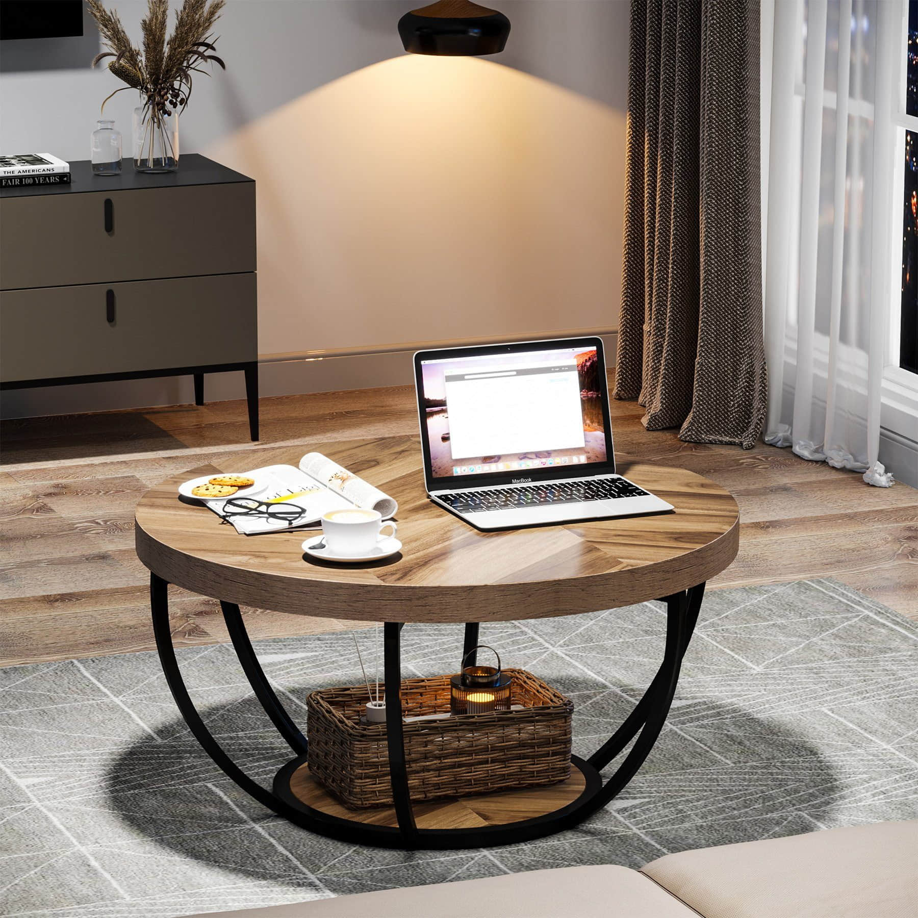 Tribesigns Industrial Couchtisch Rund mit 2 Ebenen - Moderner Beistelltisch aus Kunstmarmor in Holzmaserung/Schwarz (60cm) für Wohnzimmer & Schlafzimmer braun Tische Tribesigns