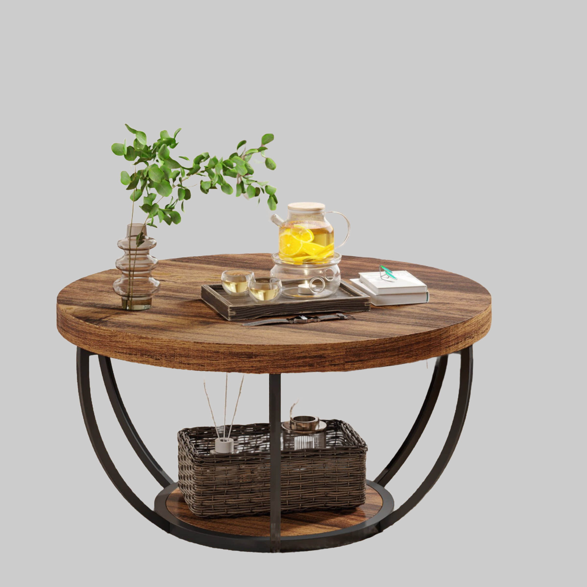 Tribesigns Tribesigns Industrial Couchtisch Rund mit 2 Ebenen - Moderner Beistelltisch aus Kunstmarmor in Holzmaserung/Schwarz (60cm) für Wohnzimmer & Schlafzimmer braun1 Tische