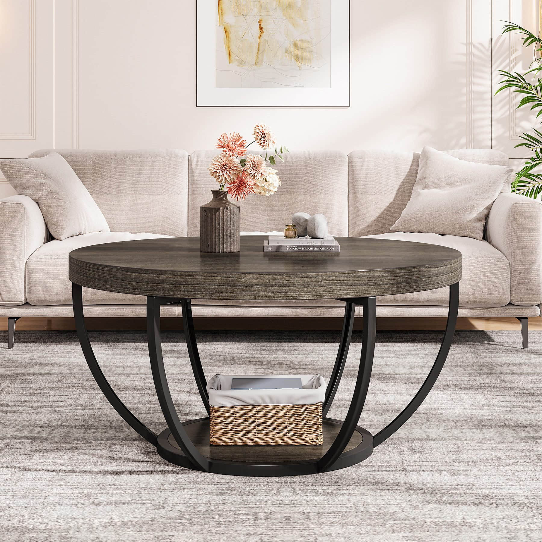 Tribesigns Tische Tribesigns Industrial Couchtisch Rund mit 2 Ebenen - Moderner Beistelltisch aus Kunstmarmor in Holzmaserung/Schwarz (60cm) für Wohnzimmer & Schlafzimmer grau