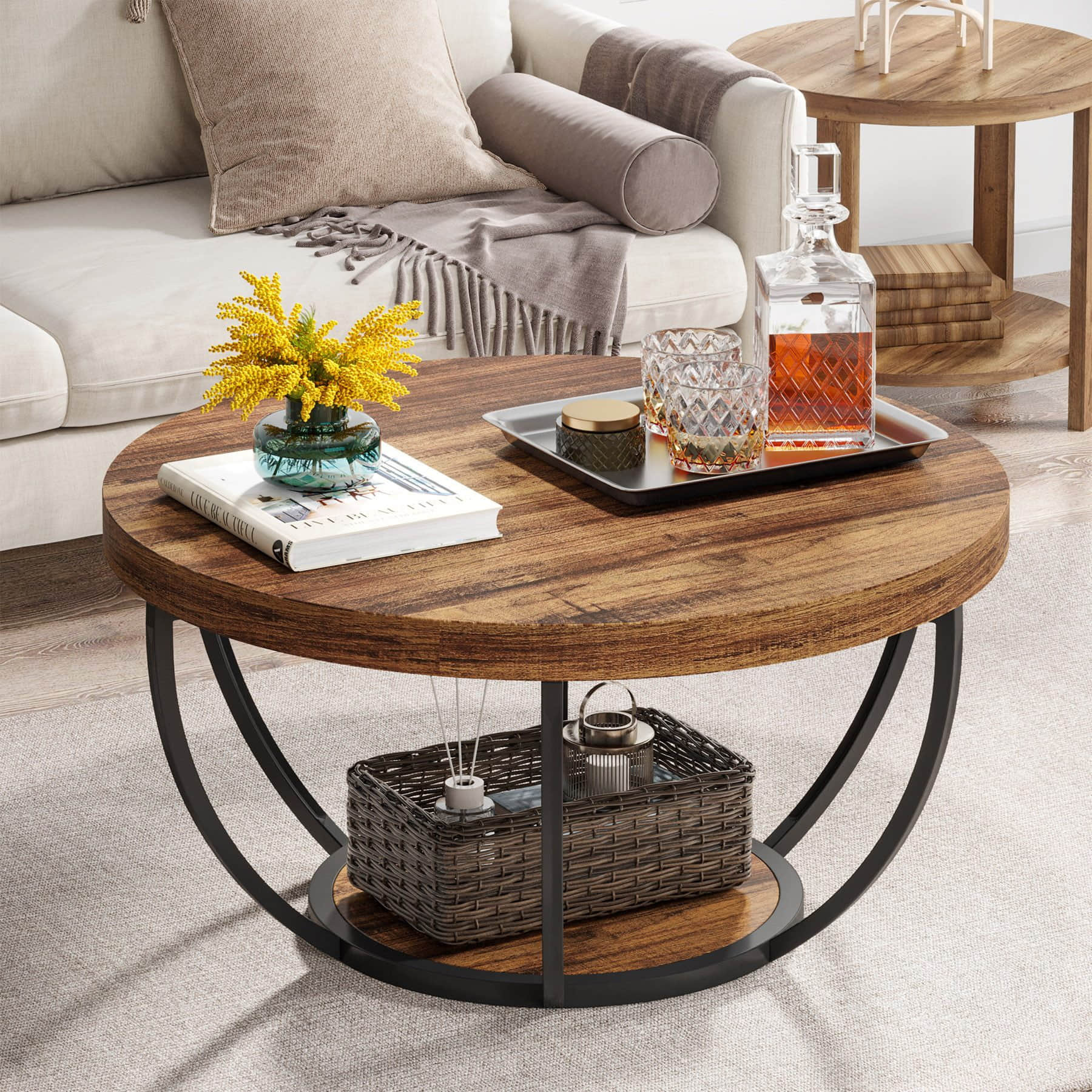 Tribesigns Tribesigns Industrial Couchtisch Rund mit 2 Ebenen - Moderner Beistelltisch aus Kunstmarmor in Holzmaserung/Schwarz (60cm) für Wohnzimmer & Schlafzimmer braun1 Tische