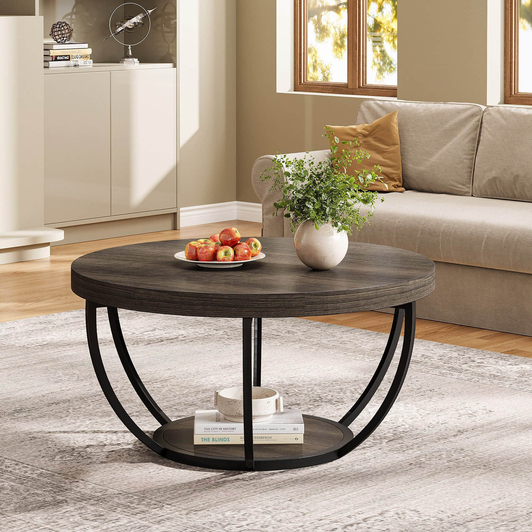 Tribesigns Tische Tribesigns Industrial Couchtisch Rund mit 2 Ebenen - Moderner Beistelltisch aus Kunstmarmor in Holzmaserung/Schwarz (60cm) für Wohnzimmer & Schlafzimmer grau