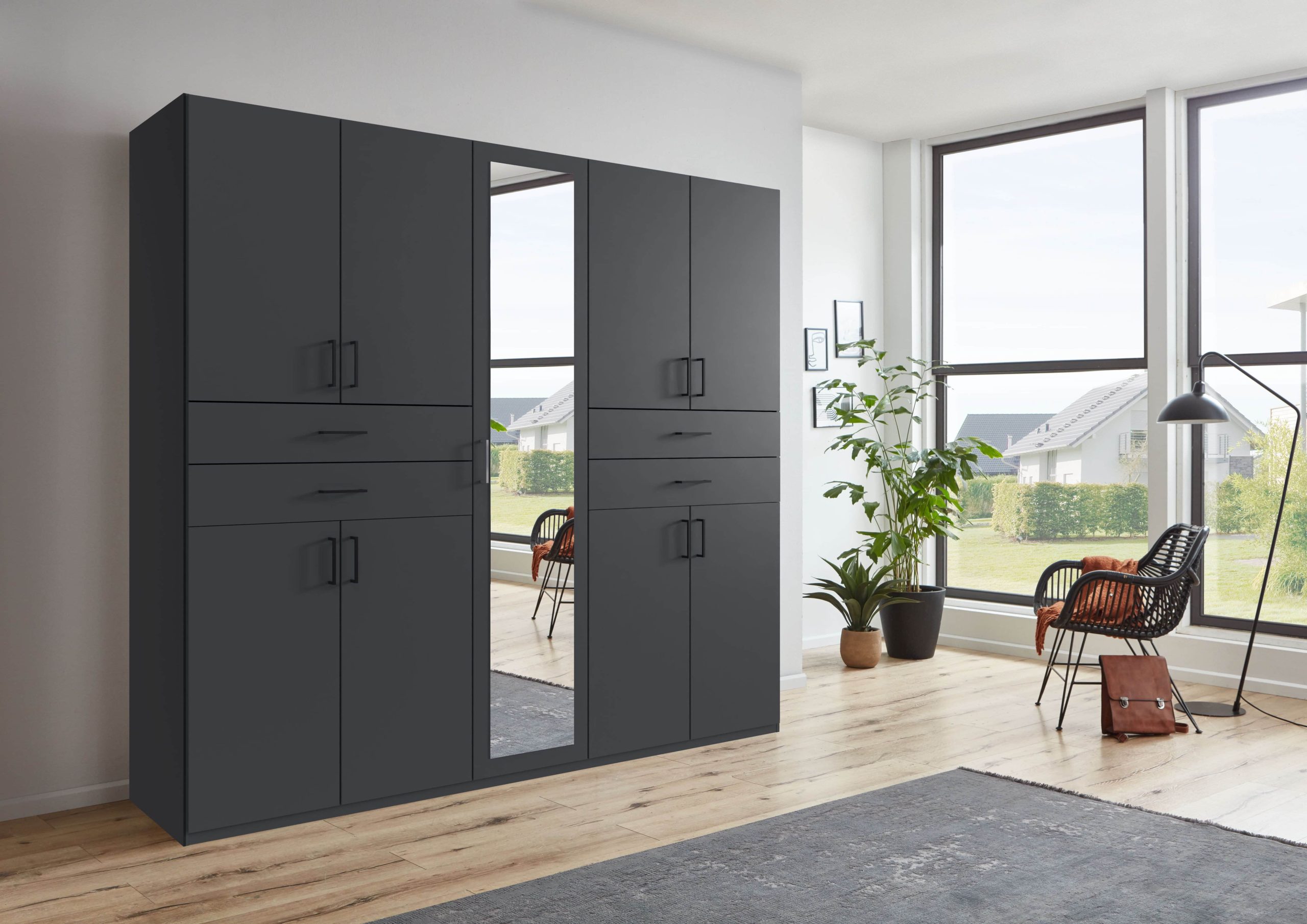 Wimex Schränke Wimex Drehtürenschrank Taiga | Moderner Kleiderschrank mit Spiegel & Schubladen | 3 Innenausstattungsvarianten | 225/270cm Breite | Made in Germany graphit