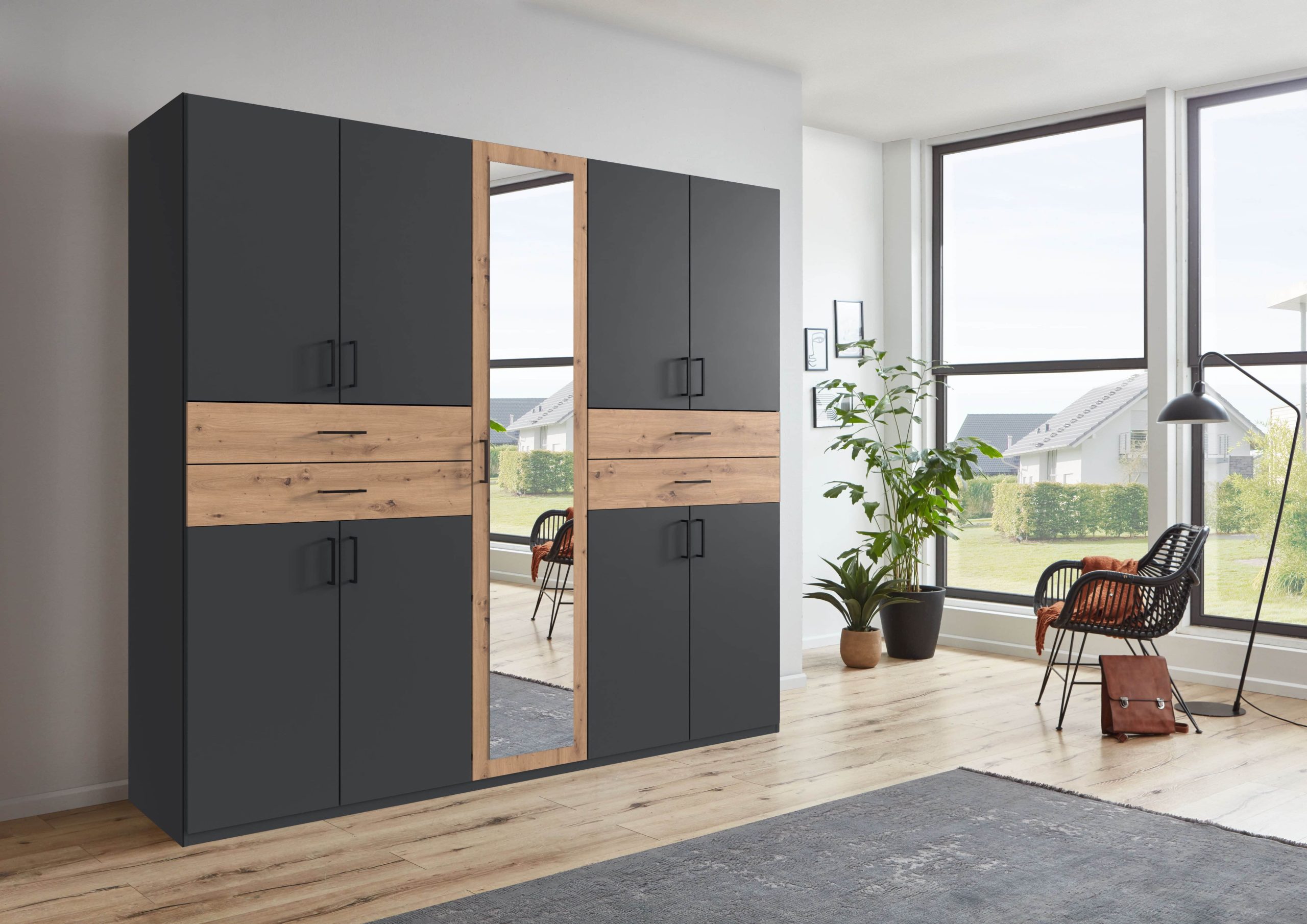 Wimex Wimex Drehtürenschrank Taiga | Moderner Kleiderschrank mit Spiegel & Schubladen | 3 Innenausstattungsvarianten | 225/270cm Breite | Made in Germany graphit/ a Schränke
