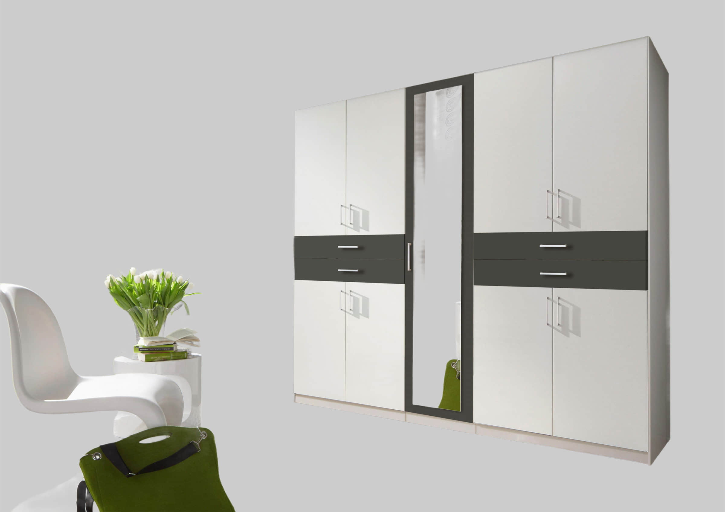 Wimex Drehtürenschrank Taiga | Moderner Kleiderschrank mit Spiegel & Schubladen | 3 Innenausstattungsvarianten | 225/270cm Breite | Made in Germany weiß-graph Wimex Schränke