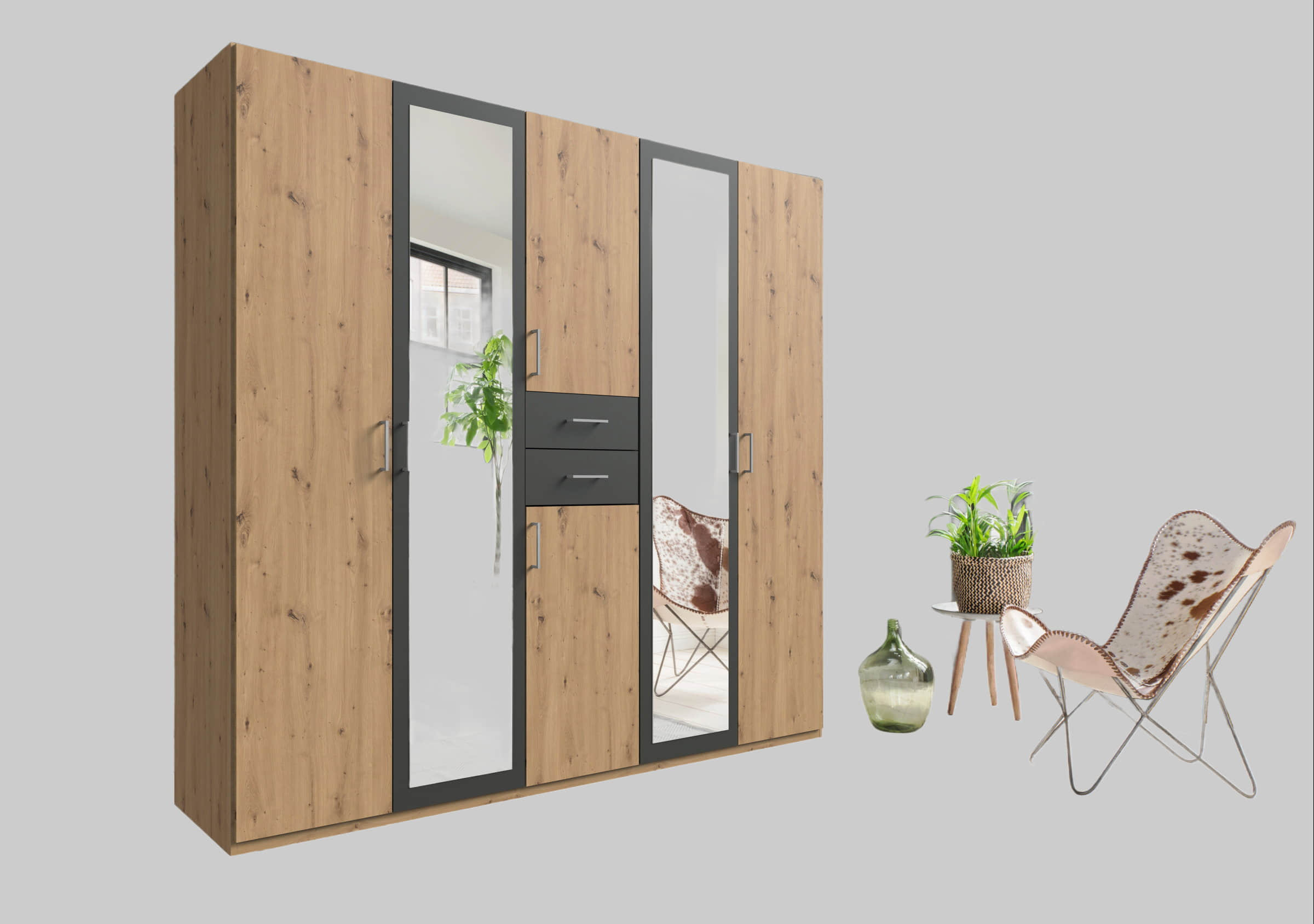 Wimex Kleiderschrank Diver | Drehtürenschrank mit Spiegel & Schubladen | 225cm oder 270cm Breite | 3 Innenausstattungsvarianten | beige/plankeneichefarben/graphit | Bestseller Schlafzimmerschrank artisan ei Wimex Schränke