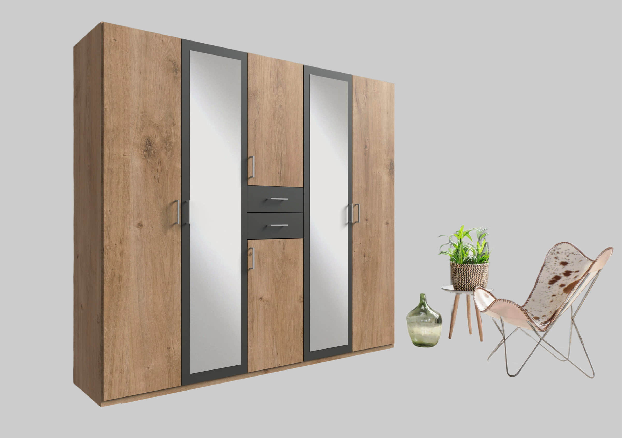 Wimex Wimex Kleiderschrank Diver | Drehtürenschrank mit Spiegel & Schubladen | 225cm oder 270cm Breite | 3 Innenausstattungsvarianten | beige/plankeneichefarben/graphit | Bestseller Schlafzimmerschrank plankeneic Schränke