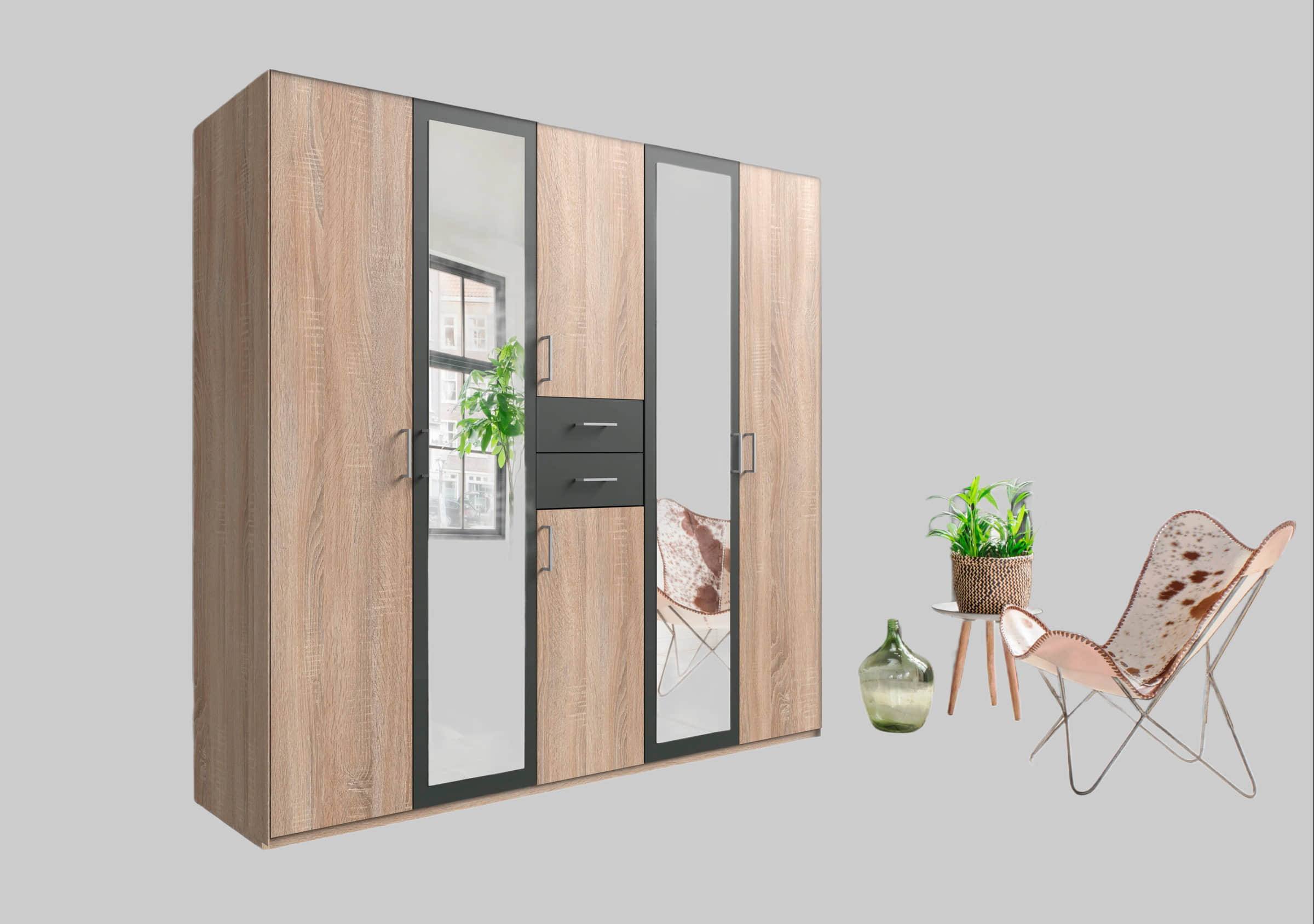 Schränke Wimex Wimex Kleiderschrank Diver | Drehtürenschrank mit Spiegel & Schubladen | 225cm oder 270cm Breite | 3 Innenausstattungsvarianten | beige/plankeneichefarben/graphit | Bestseller Schlafzimmerschrank strukturei