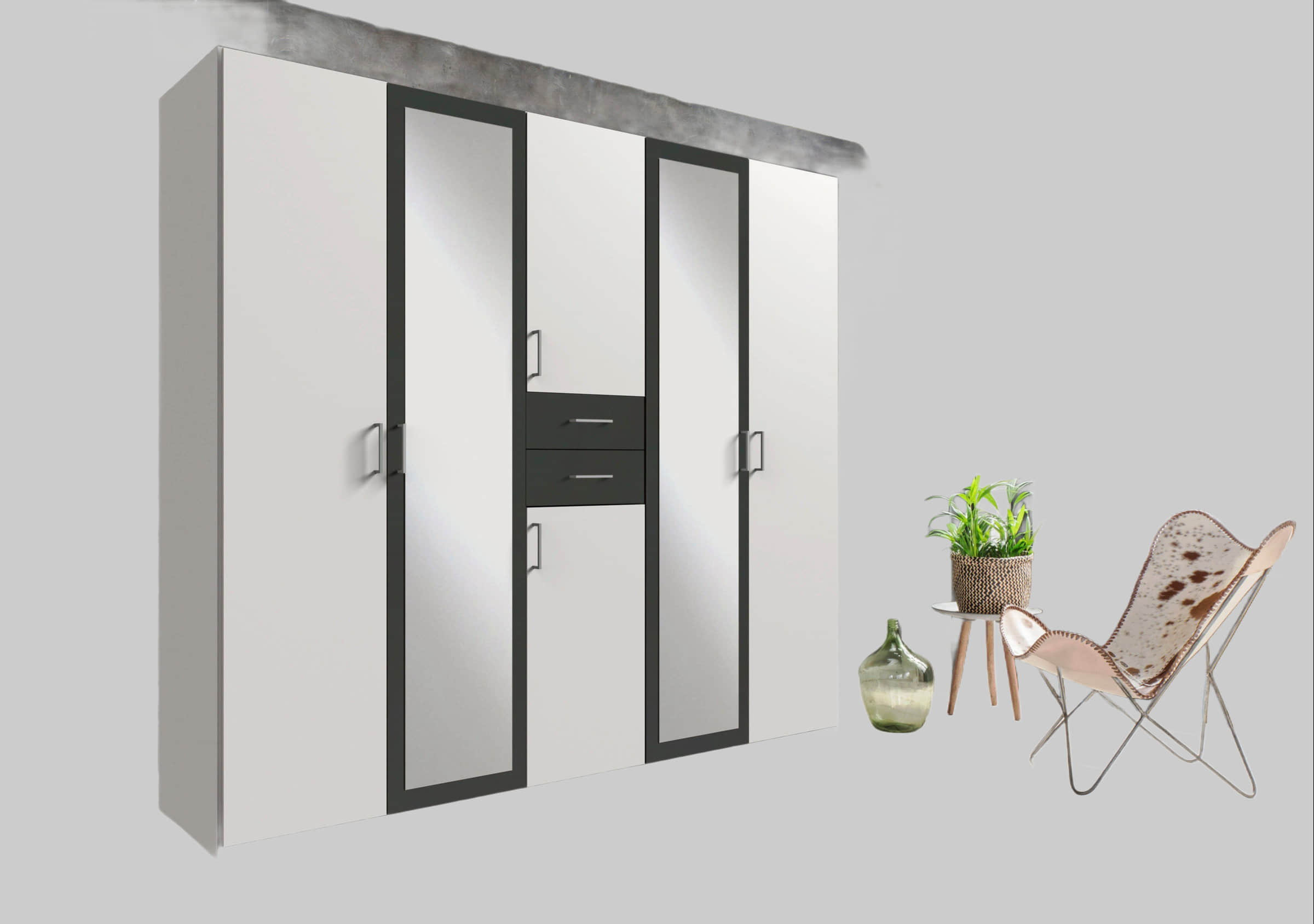 Schränke Wimex Wimex Kleiderschrank Diver | Drehtürenschrank mit Spiegel & Schubladen | 225cm oder 270cm Breite | 3 Innenausstattungsvarianten | beige/plankeneichefarben/graphit | Bestseller Schlafzimmerschrank weiß/graph