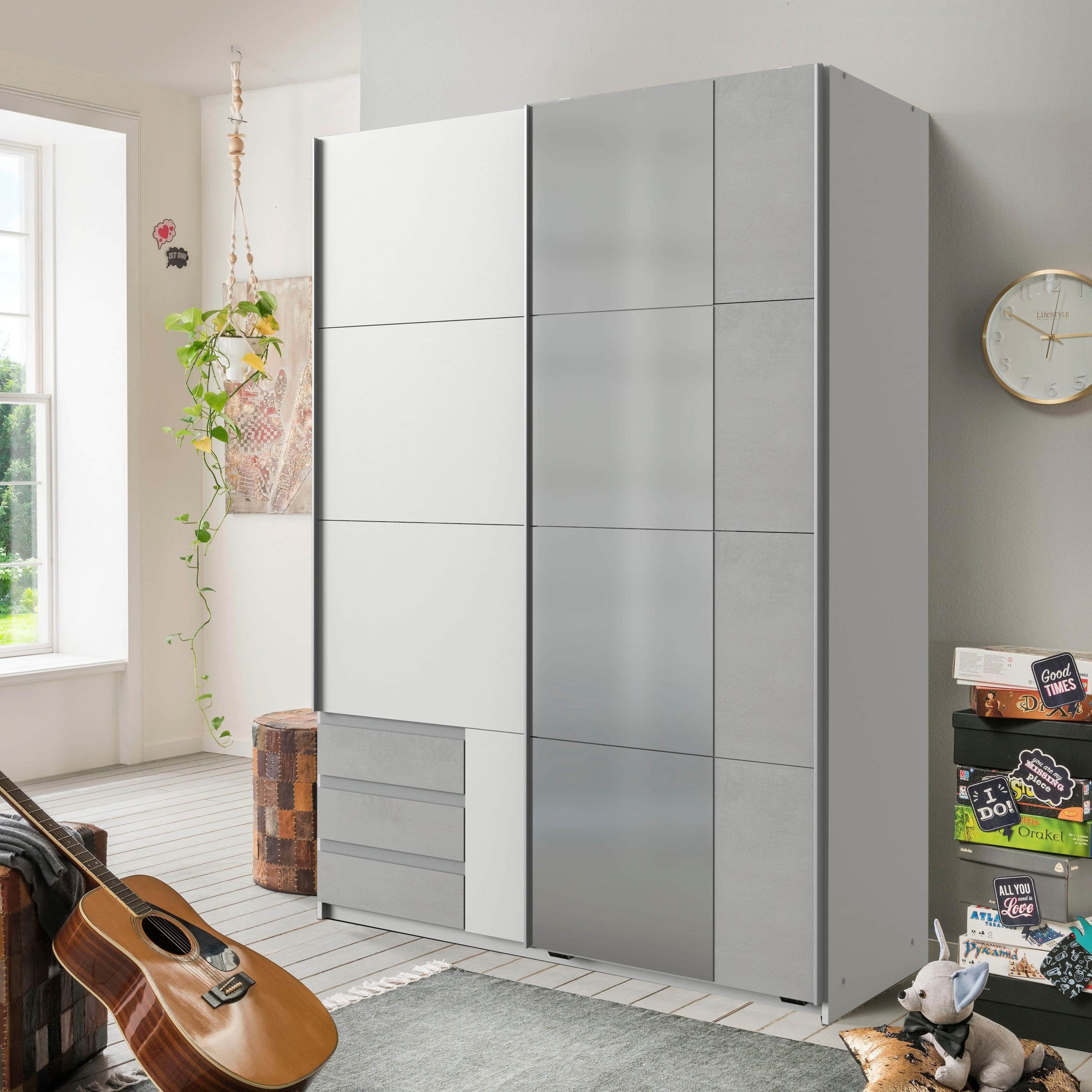 Wimex Schränke Wimex Schwebetürenschrank 'Emden' - Moderner Kleiderschrank mit Spiegel, Schubladen & Kleiderstange | BESTSELLER für stilvolles Schlafzimmer Weiß/Beton