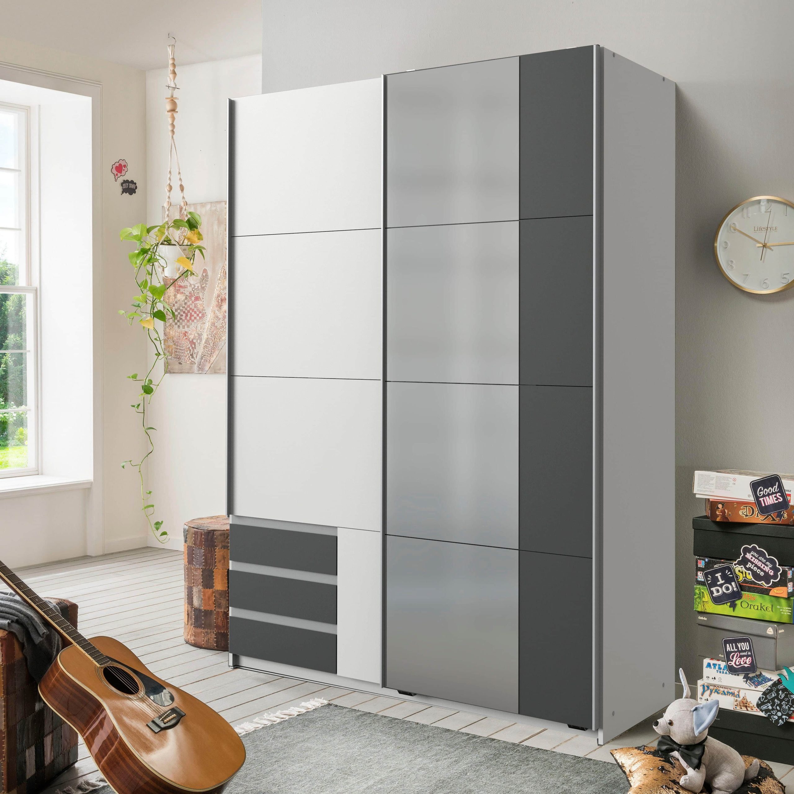 Wimex Schränke Wimex Schwebetürenschrank 'Emden' - Moderner Kleiderschrank mit Spiegel, Schubladen & Kleiderstange | BESTSELLER für stilvolles Schlafzimmer Weiß/Graph