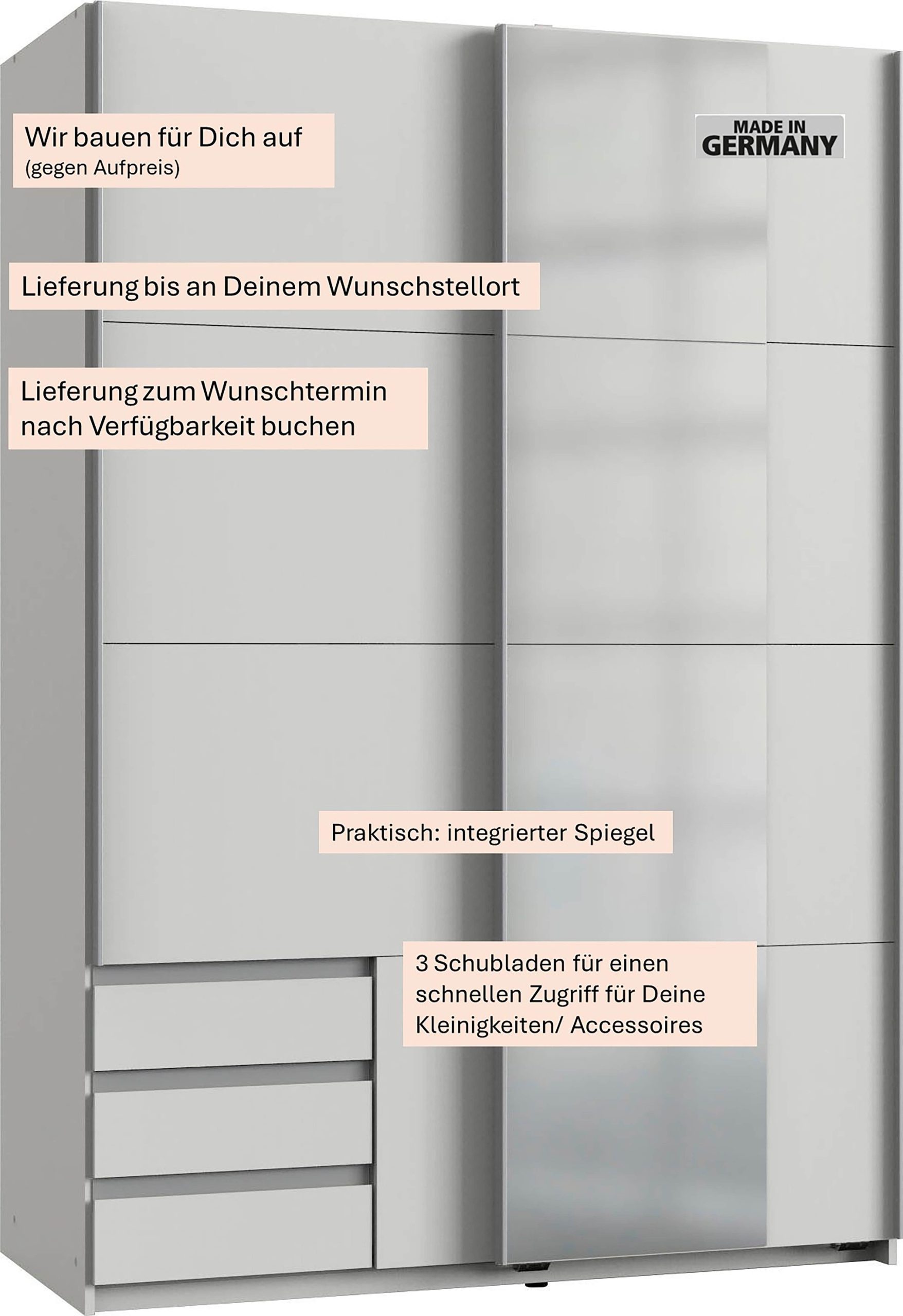 Schränke Wimex Wimex Schwebetürenschrank 'Emden' - Moderner Kleiderschrank mit Spiegel, Schubladen & Kleiderstange | BESTSELLER für stilvolles Schlafzimmer Weiß