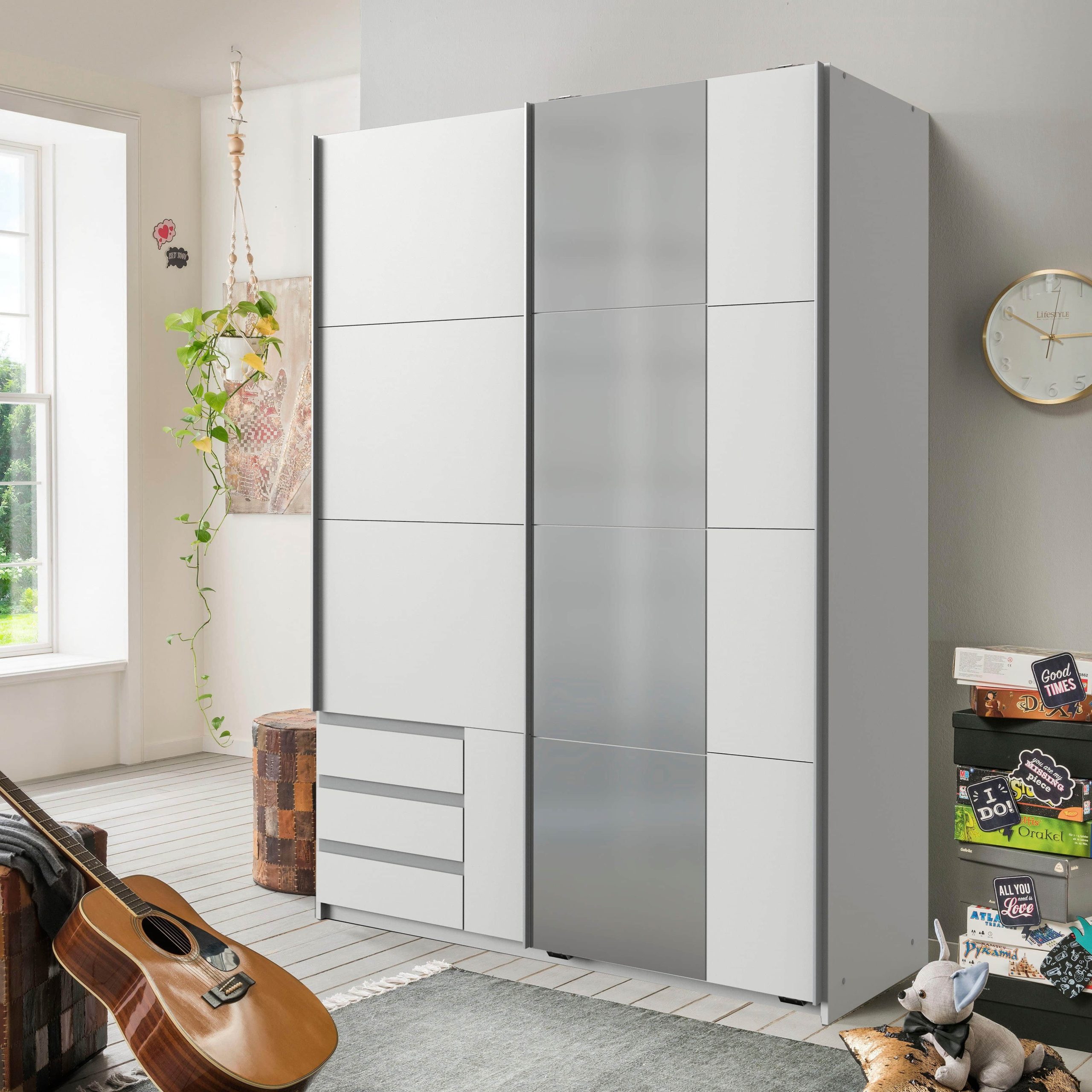 Schränke Wimex Wimex Schwebetürenschrank 'Emden' - Moderner Kleiderschrank mit Spiegel, Schubladen & Kleiderstange | BESTSELLER für stilvolles Schlafzimmer Weiß
