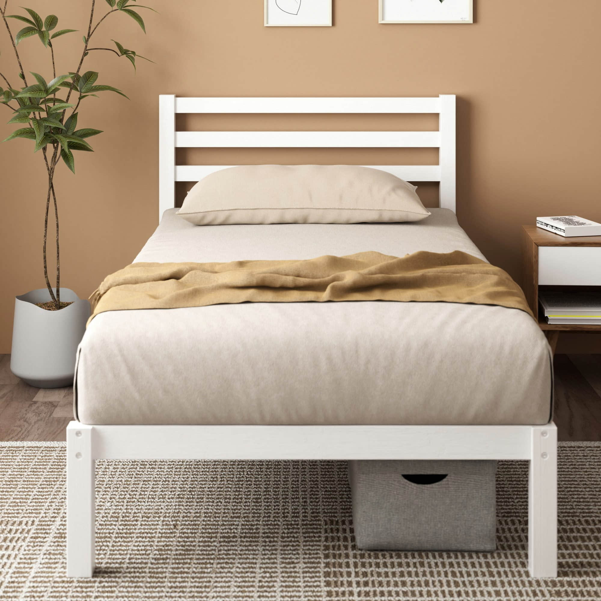 ZINUS Leni Massivholz-Bettgestell mit Unterbett-Stauraum | Nachhaltiges Bambus-Bett (90x200 cm) inkl. Holzlattenrost & Kopfteil | 5 Jahre Garantie Weiss Betten ZINUS