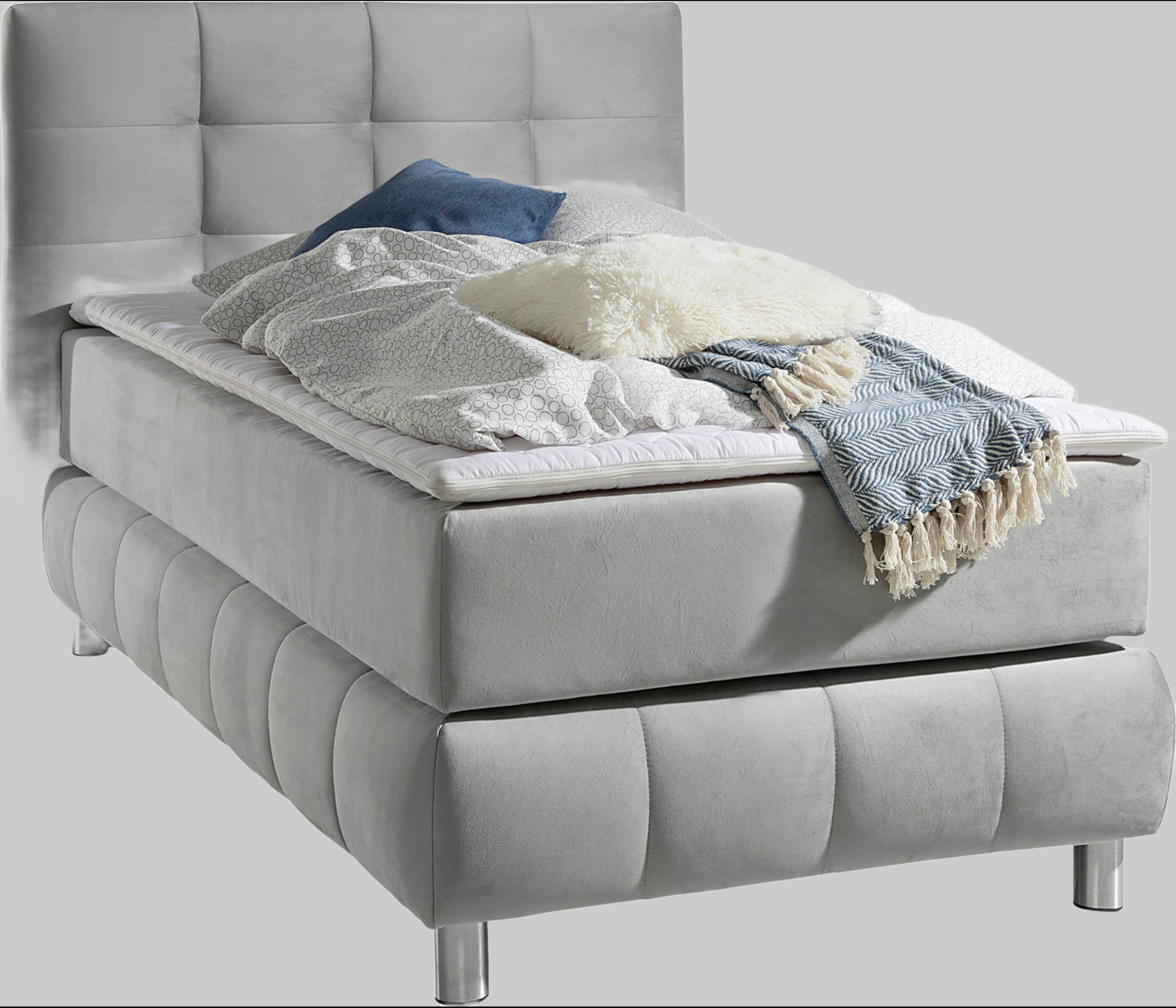 andas Boxspringbett Salo | Inkl. Premium-Topper | 6 Breiten (90-200cm) | 2 Härtegrade + TFK H4 Option | Elegantes Karostepp-Kopfteil hellgrau Betten andas